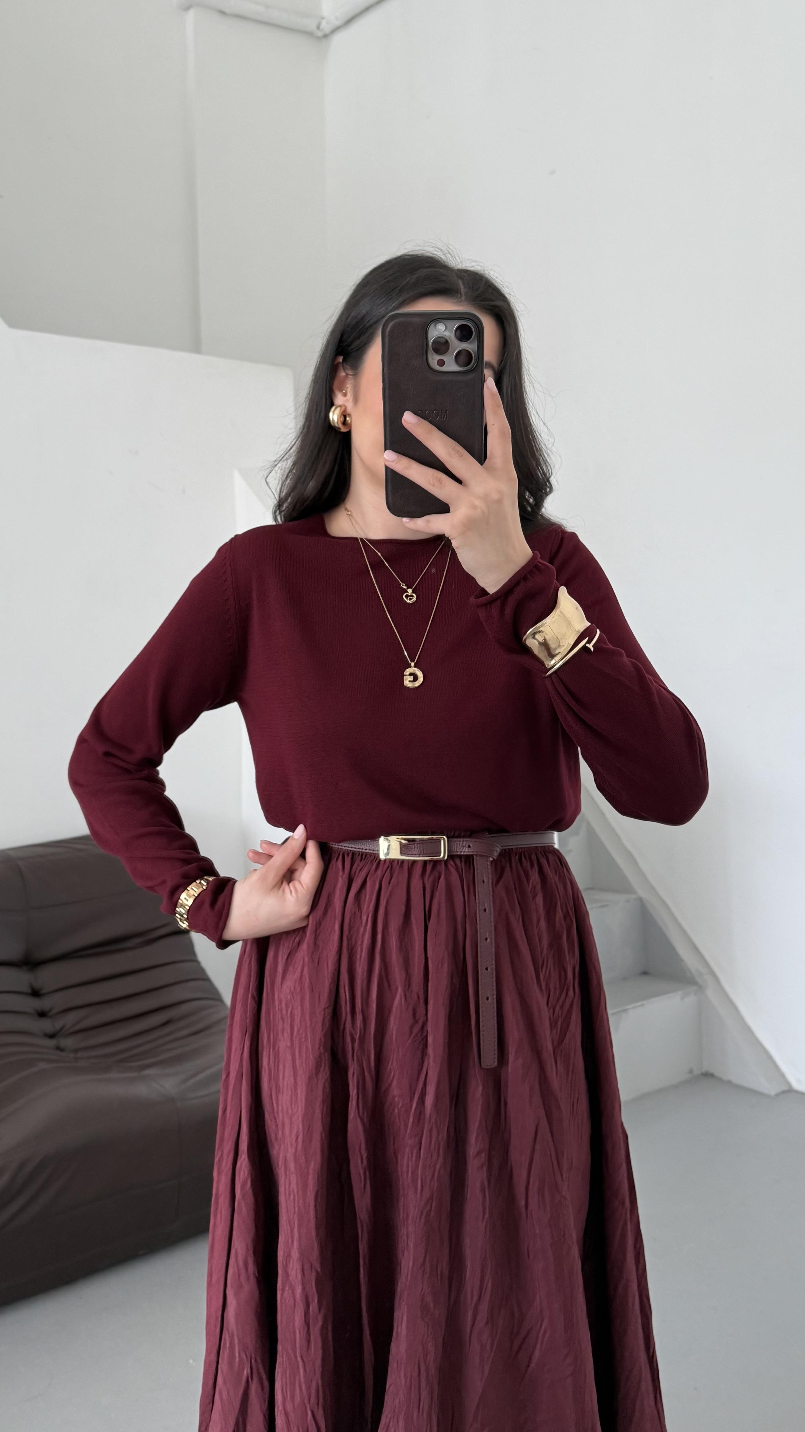  Bordo Viskon Örme Triko Bluz