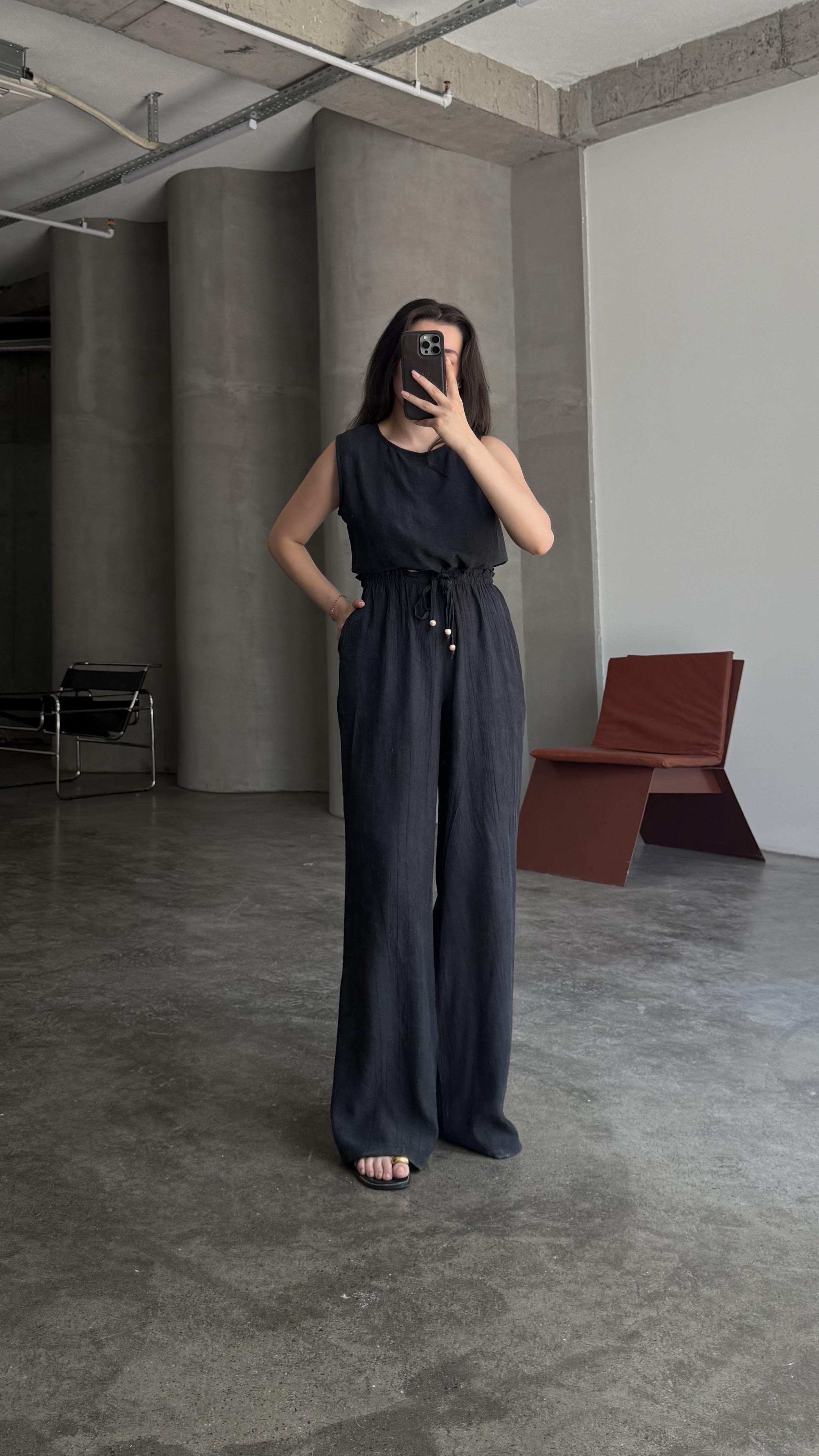  Siyah Bağcıklı Crop Pantolon Takım