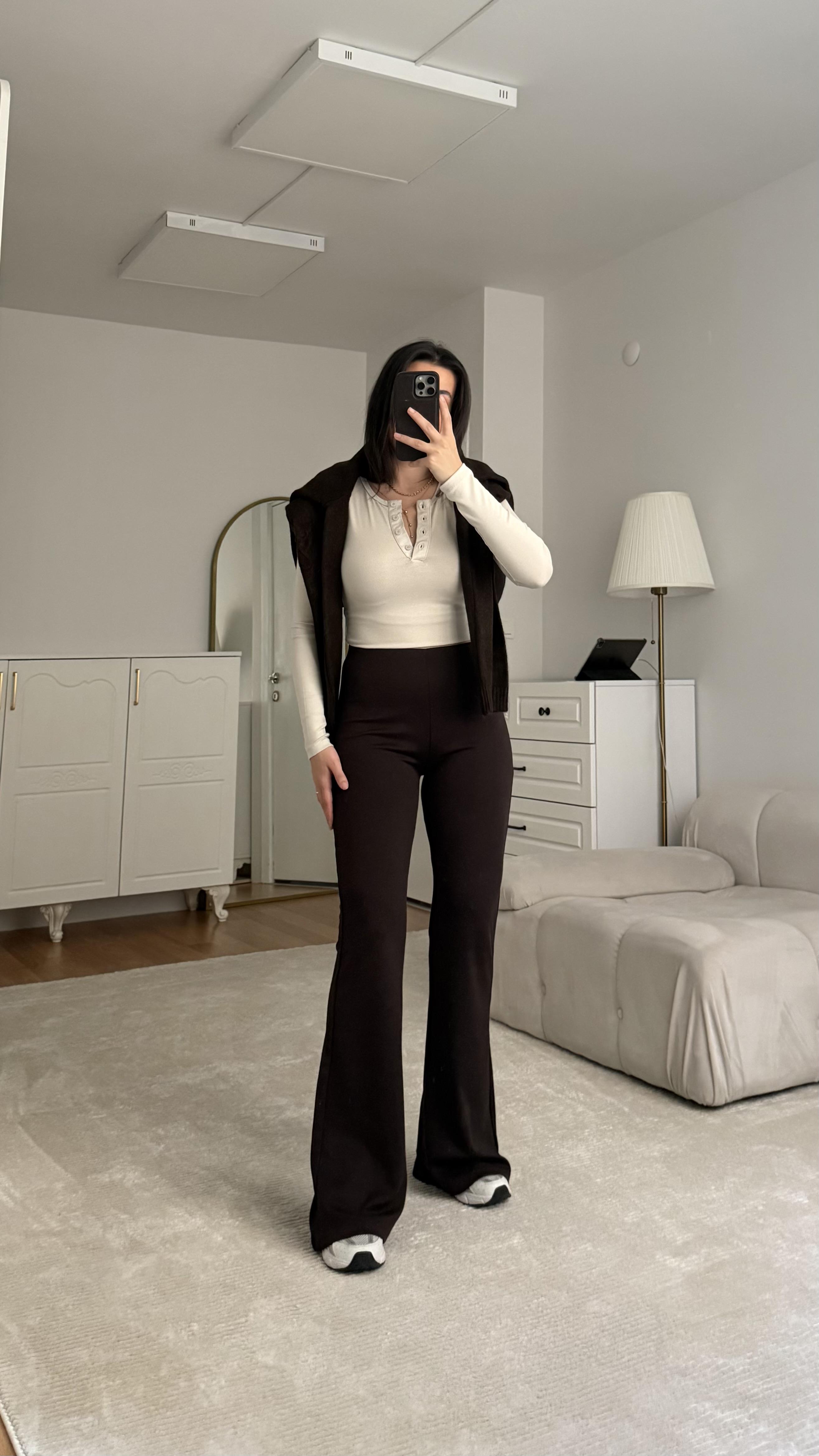 Acı Kahve Çelik Örme Wide Leg Tayt Pantolon