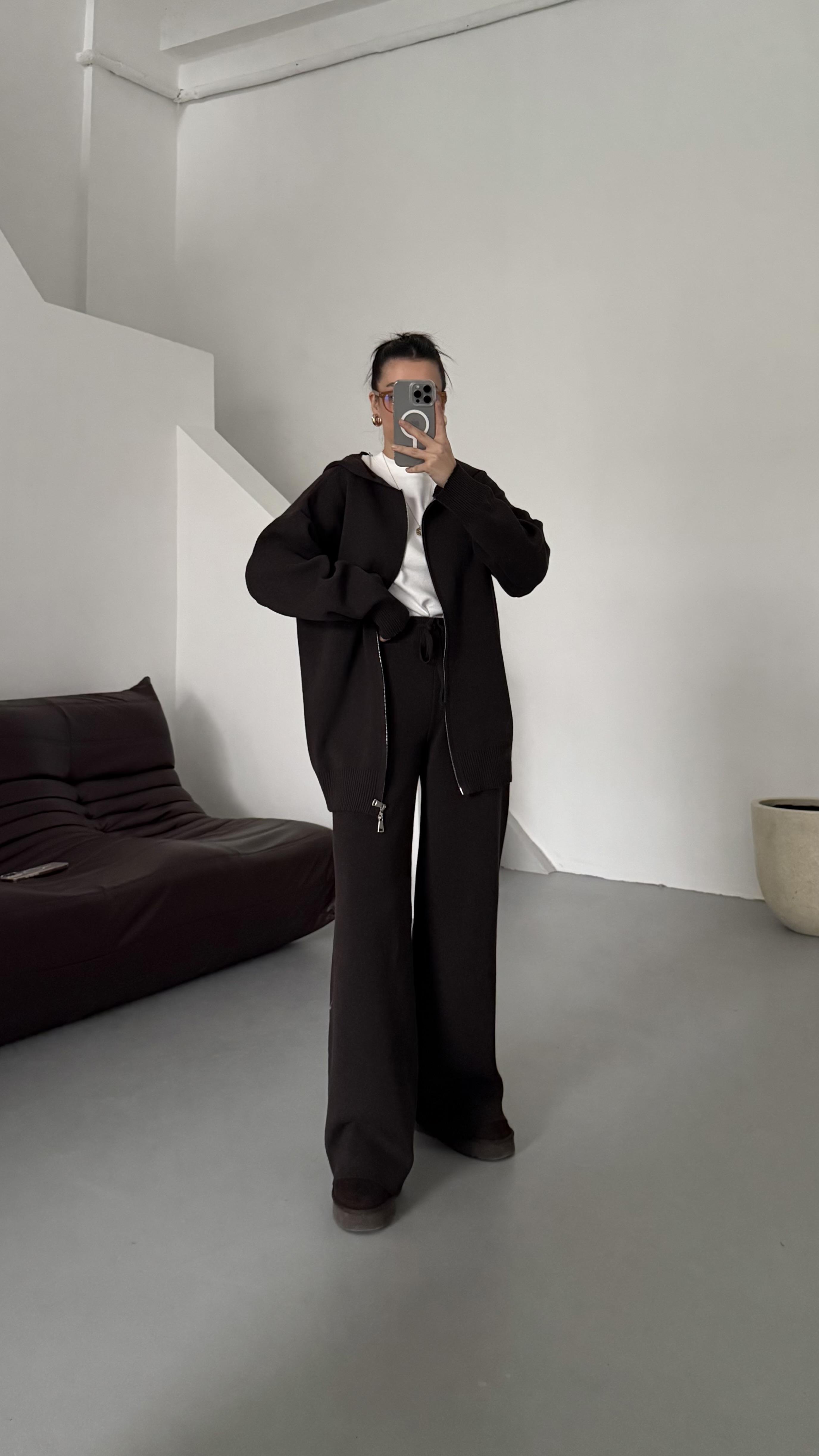 Acı Kahve Çift Fermuar Çelik Örme Takım