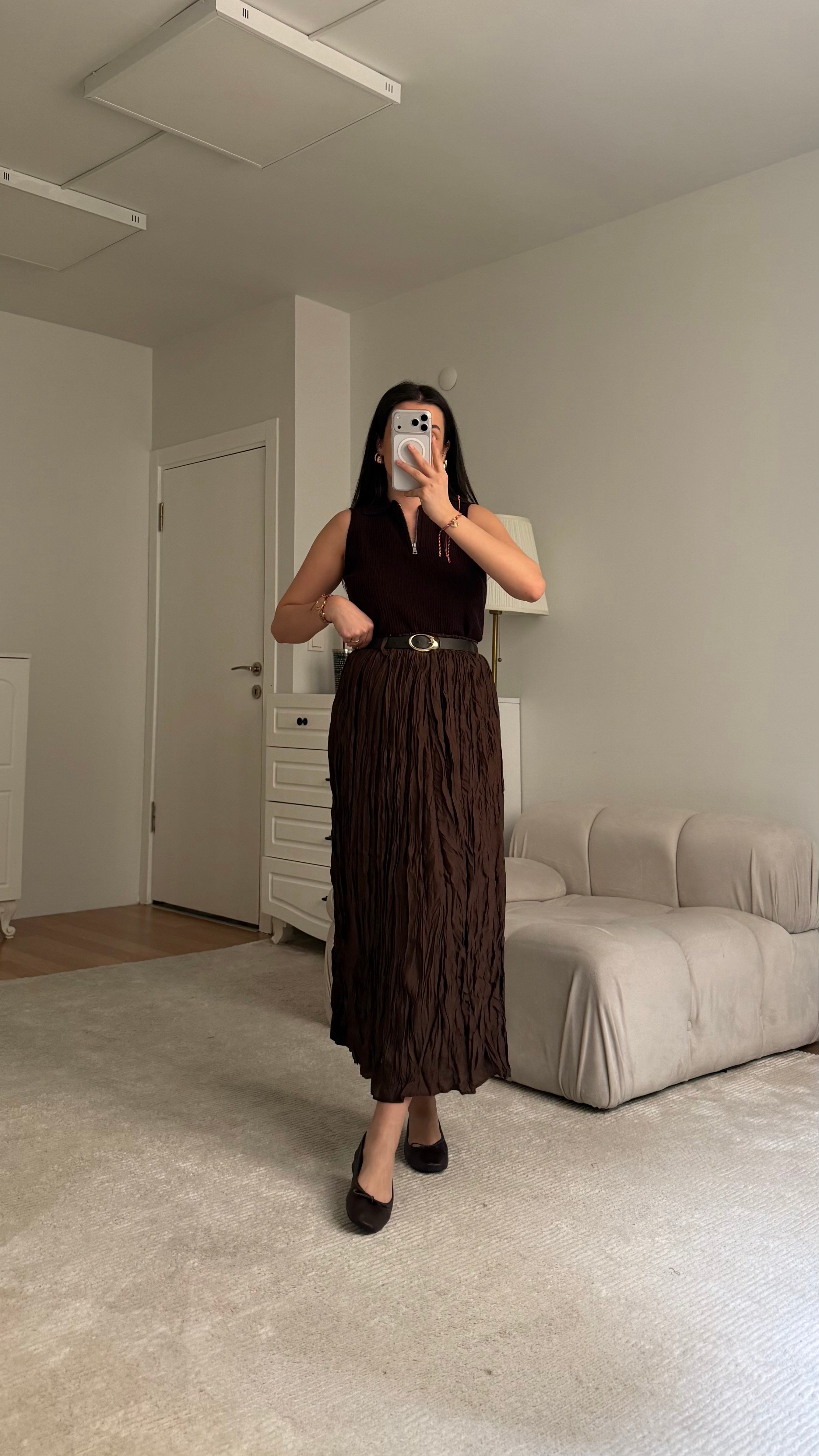 Acı Kahve Crush Kırışık Efektli Kemerli Premium Etek