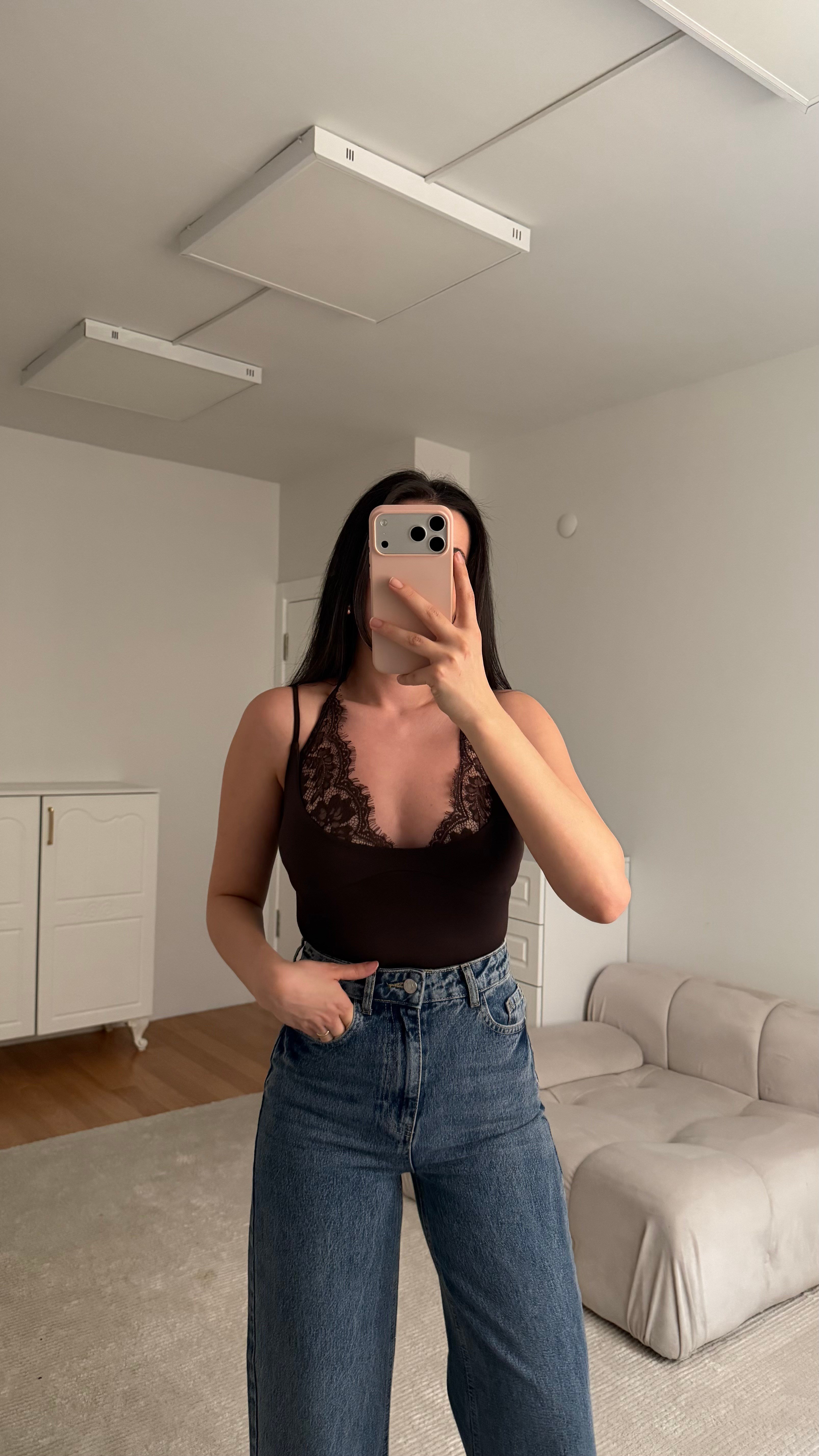 Acı Kahve Dantel Yaka Bağlamalı Body suit