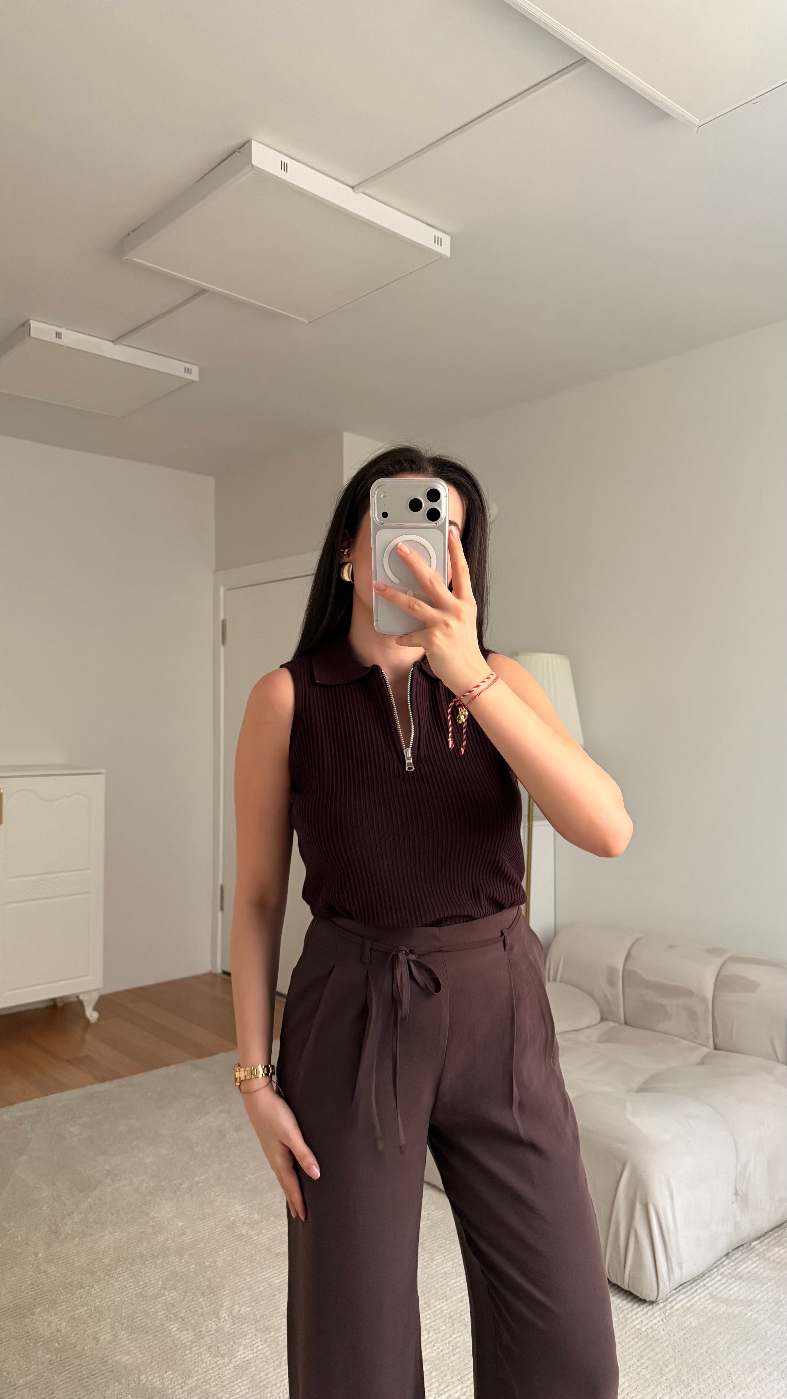 Acı Kahve Fermuarlı Polo Yaka Fitilli Bluz