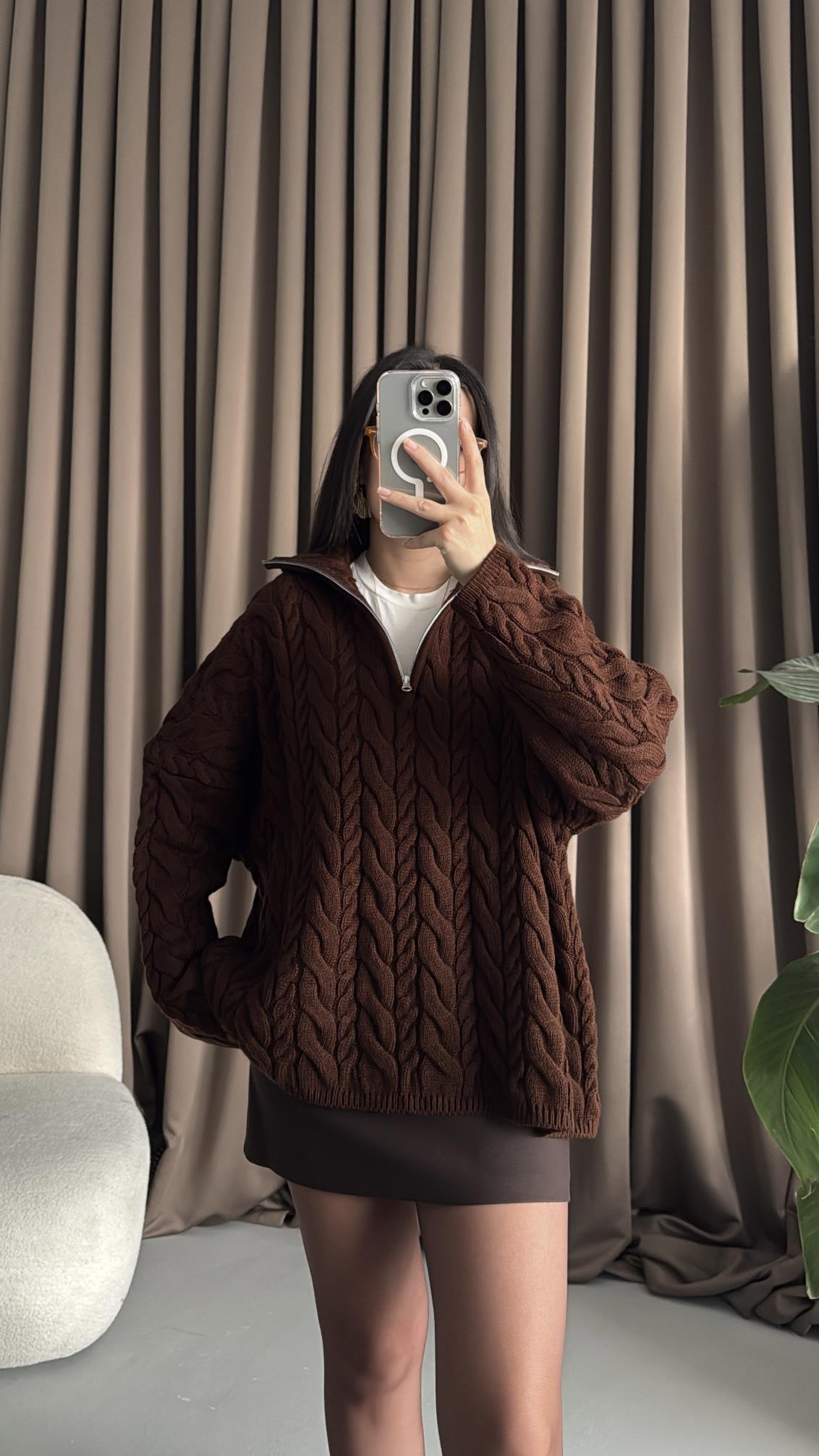 Acı Kahve Fermuarlı Saç Örme Kazak