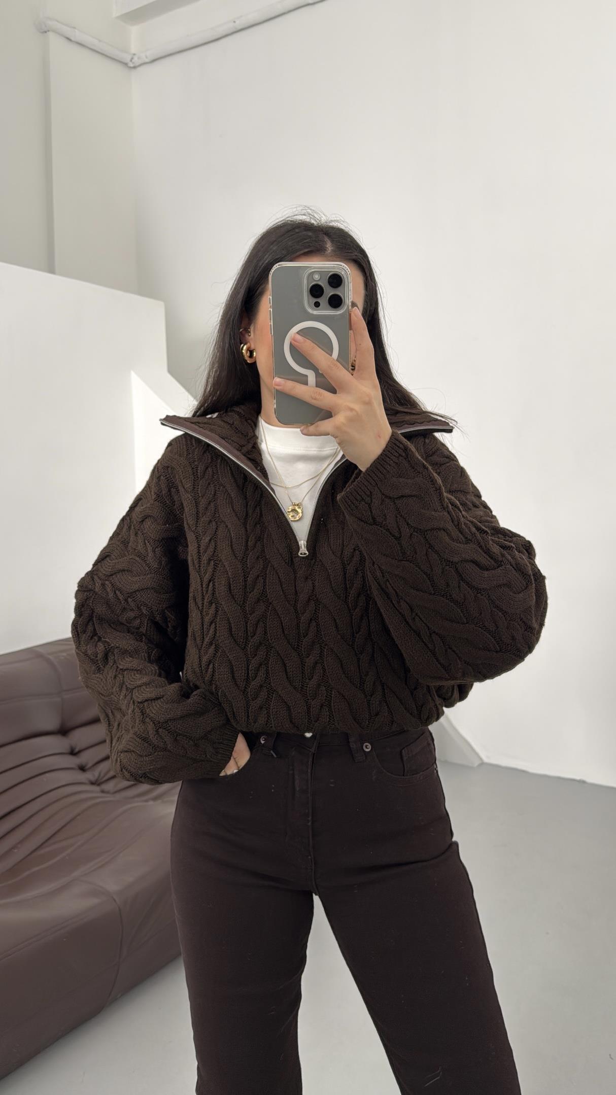 Acı Kahve Fermuarlı Saç Örme Kazak