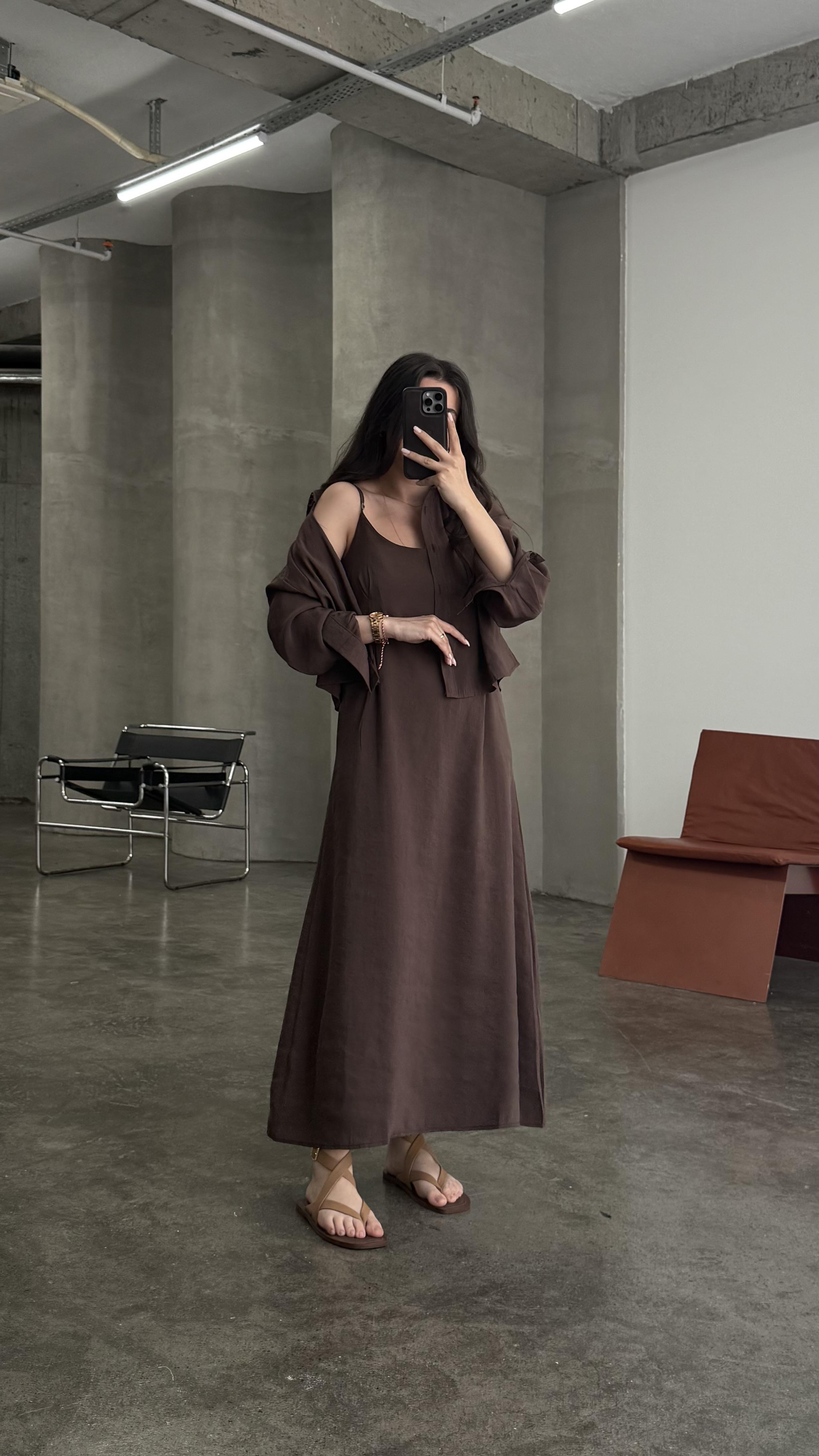 Acı Kahve Gömlekli İp Askılı Elbise Tensel Takım