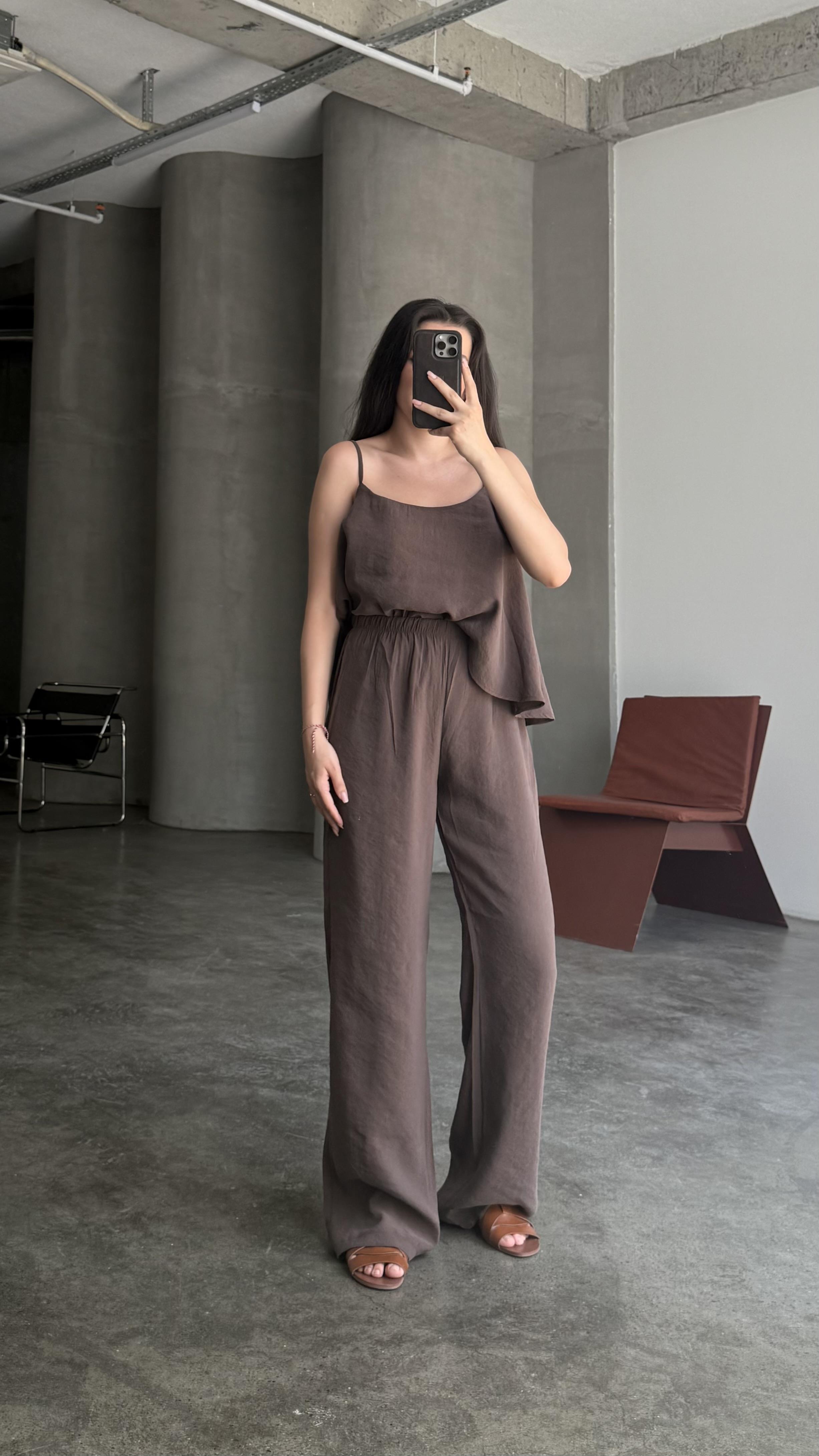Acı Kahve İp Askılı Bluz Pantolon Takım