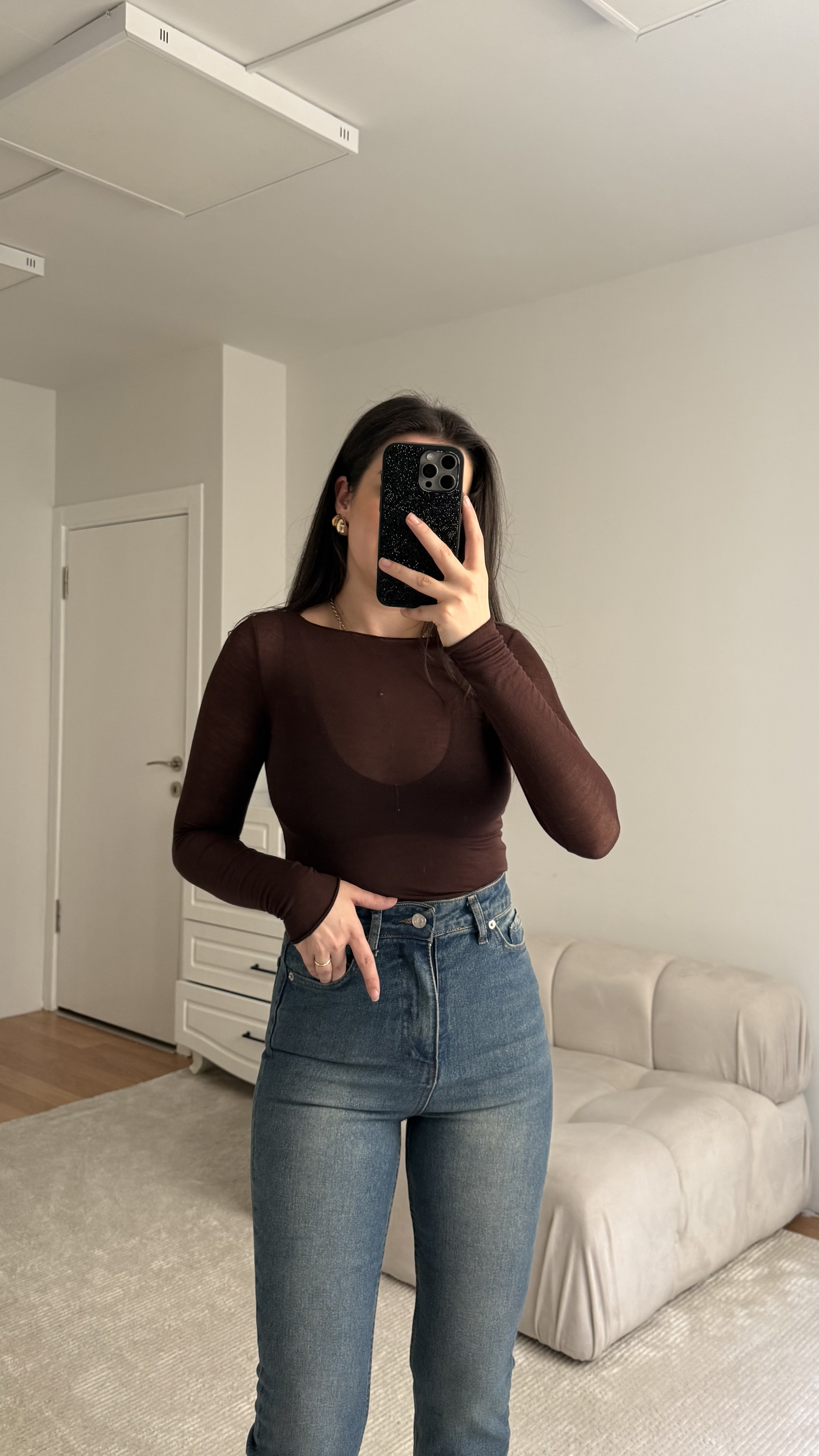 Acı Kahve Kaşmir Kayık Yaka Transparan Bluz