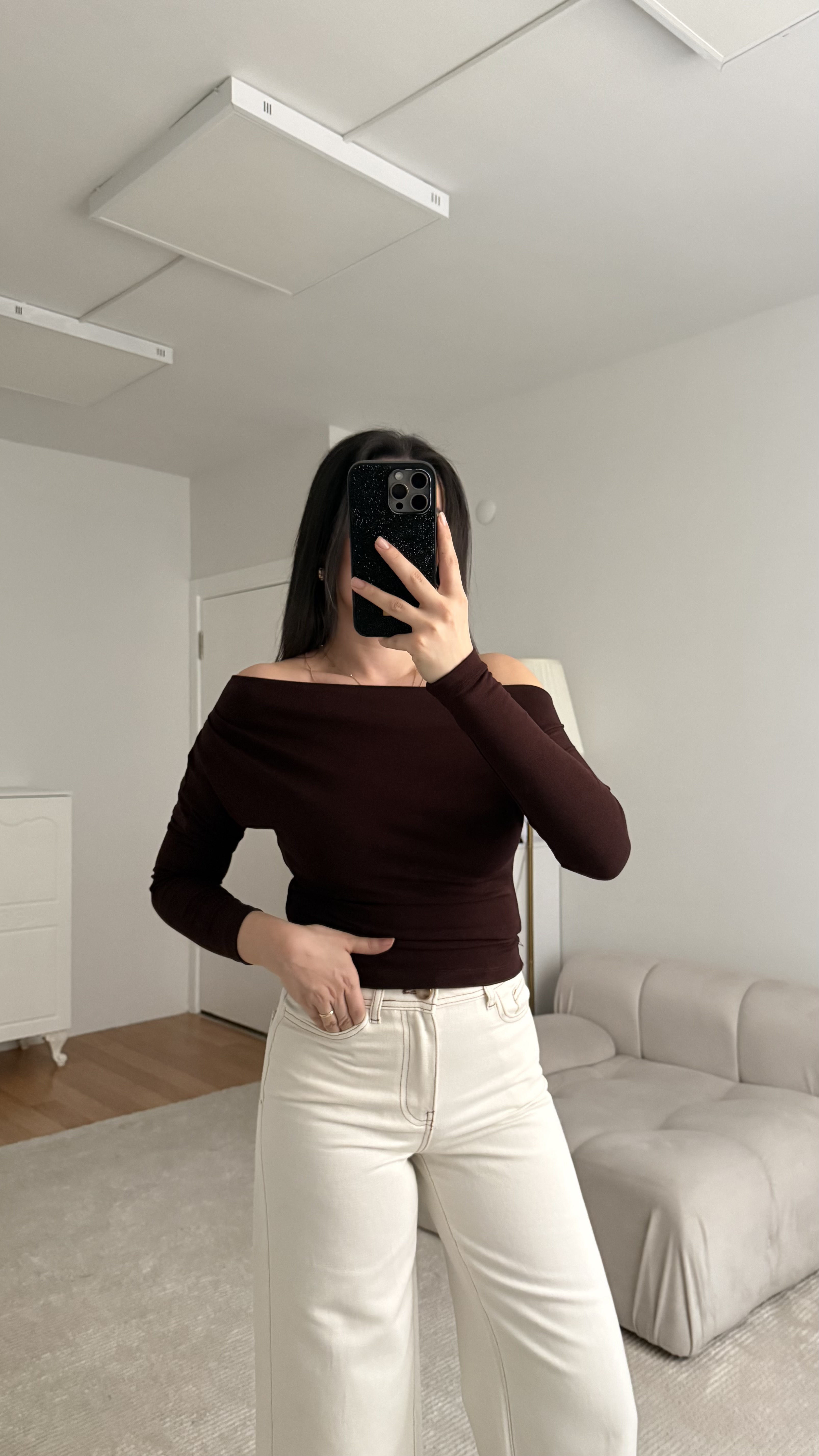 Acı Kahve Kayık Yaka Uzun Kollu Buzzy Bluz