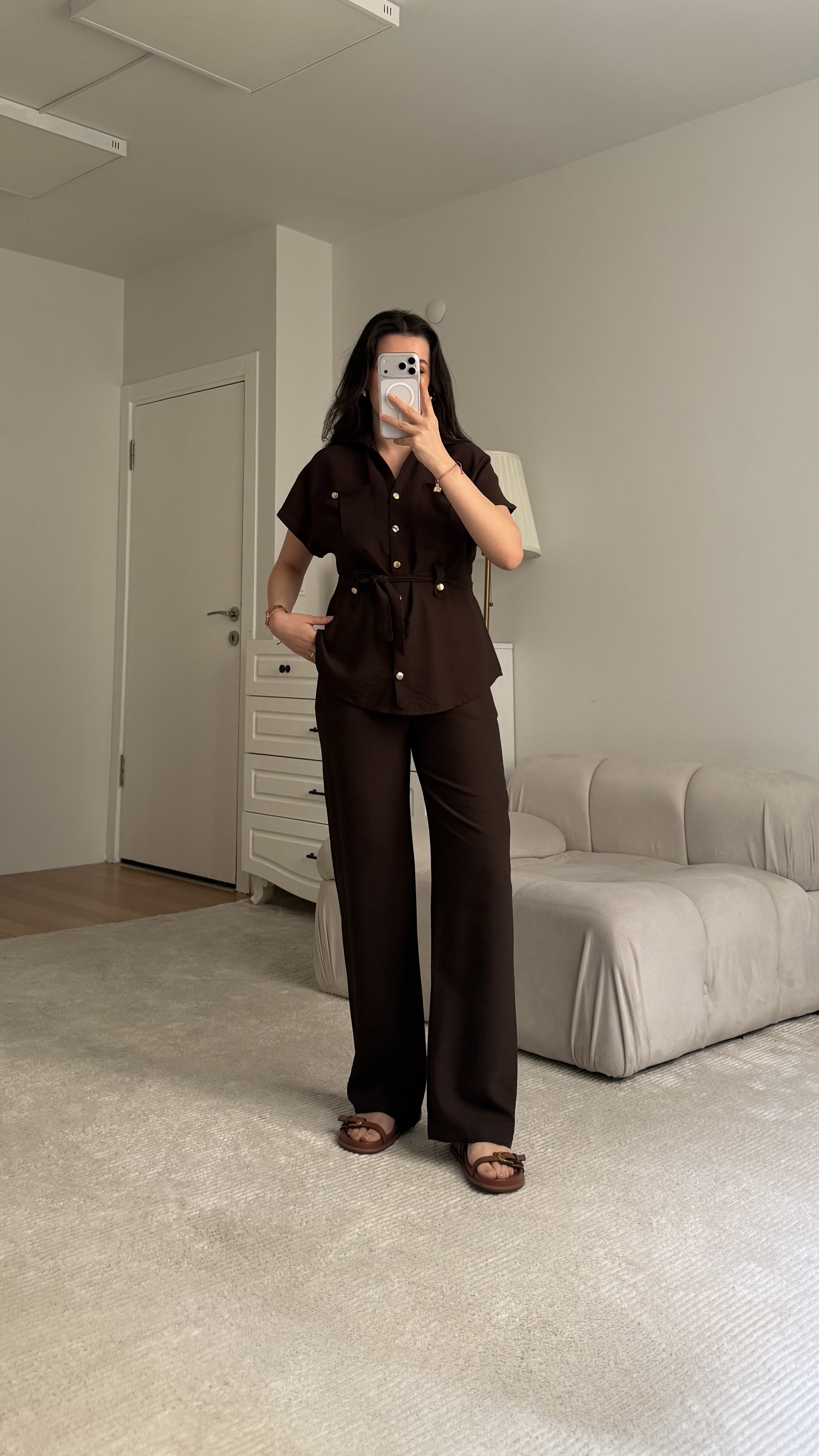 Acı Kahve Keten Kemerli Cep Detaylı Takım