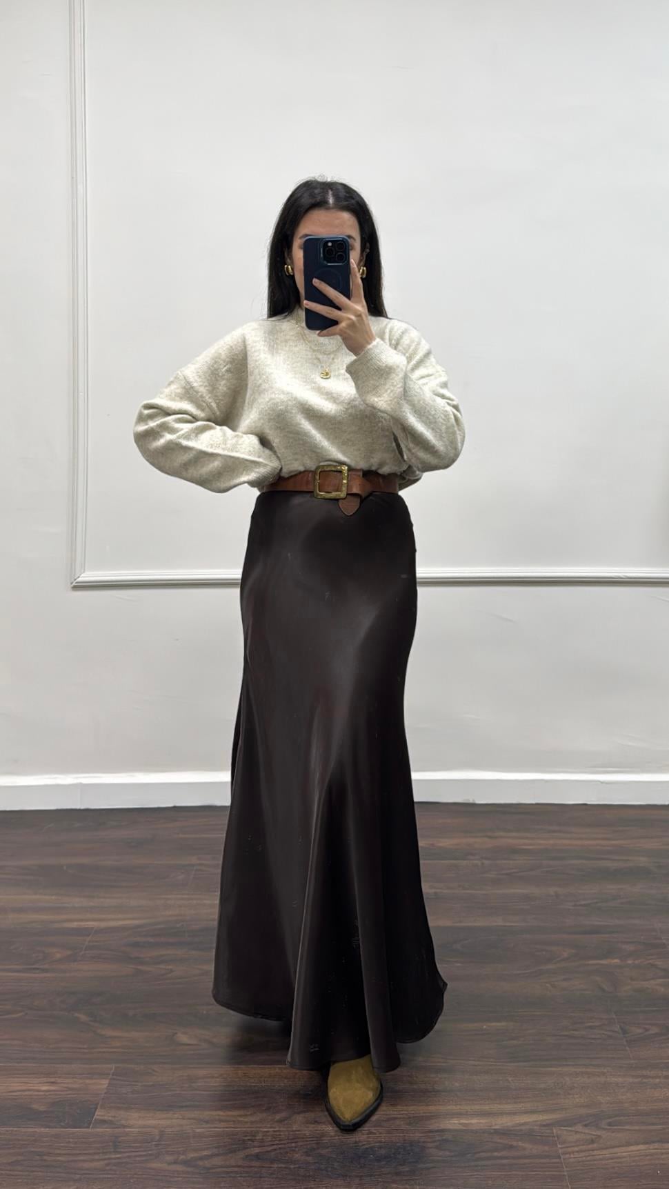 Acı Kahve Maxi Saten Etek