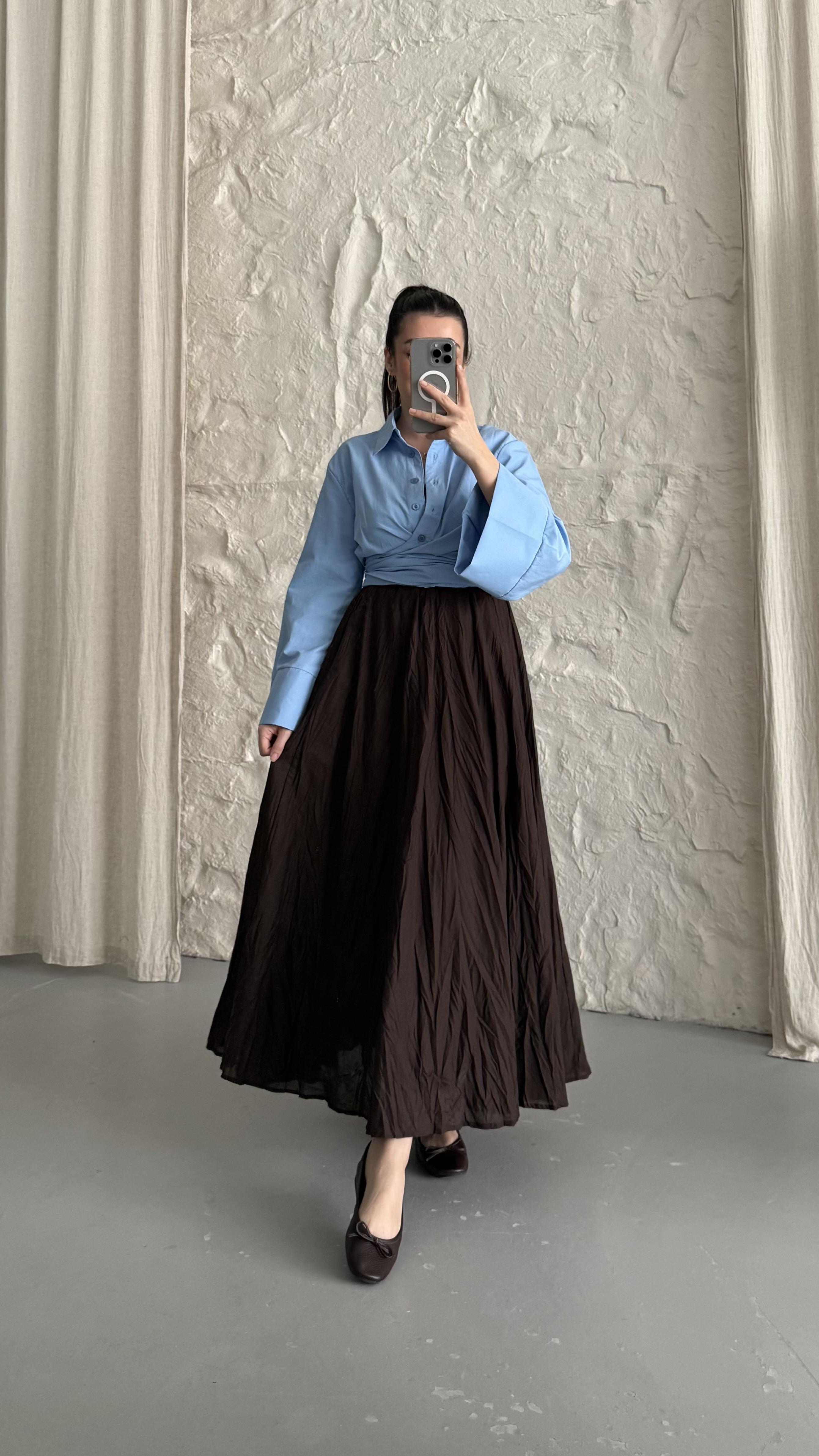 Acı Kahve Pamuklu Bel Lastikli Midi Etek