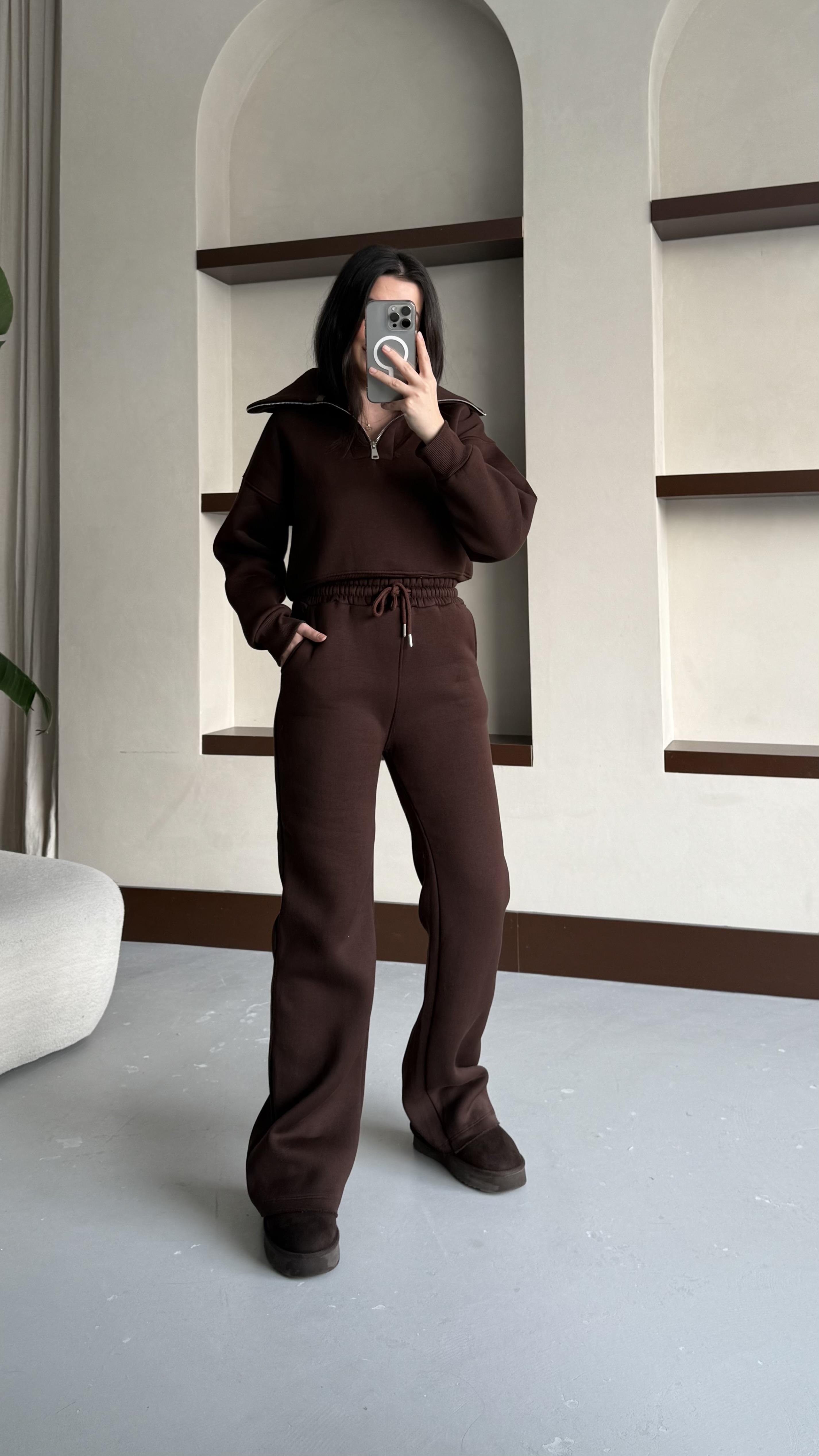 Acı Kahve Pamuklu Fermuarlı Sweatshirt ve Pantolon Takım