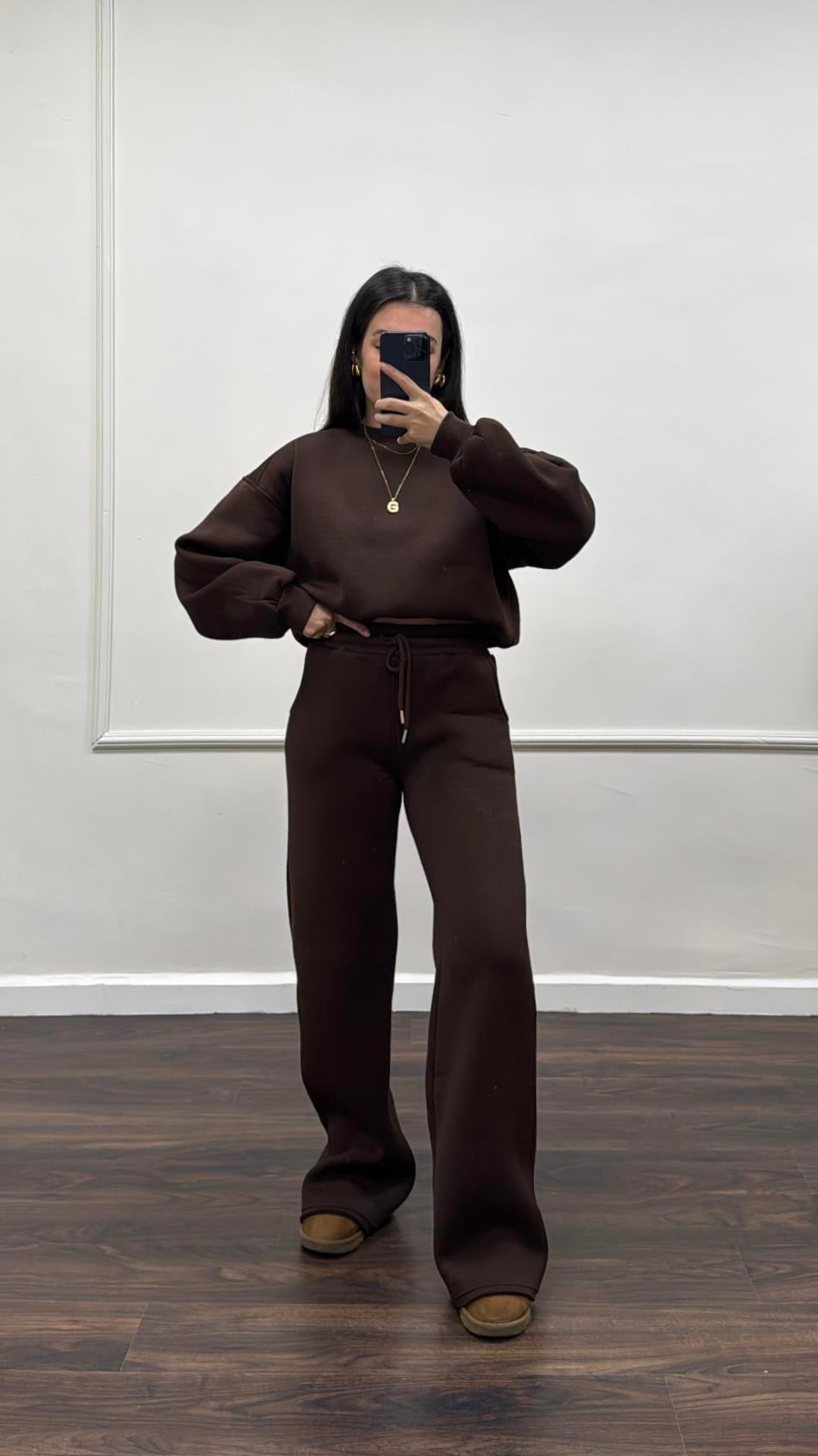 Acı Kahve Pamuklu Sweatshirt ve Pantolon Takım