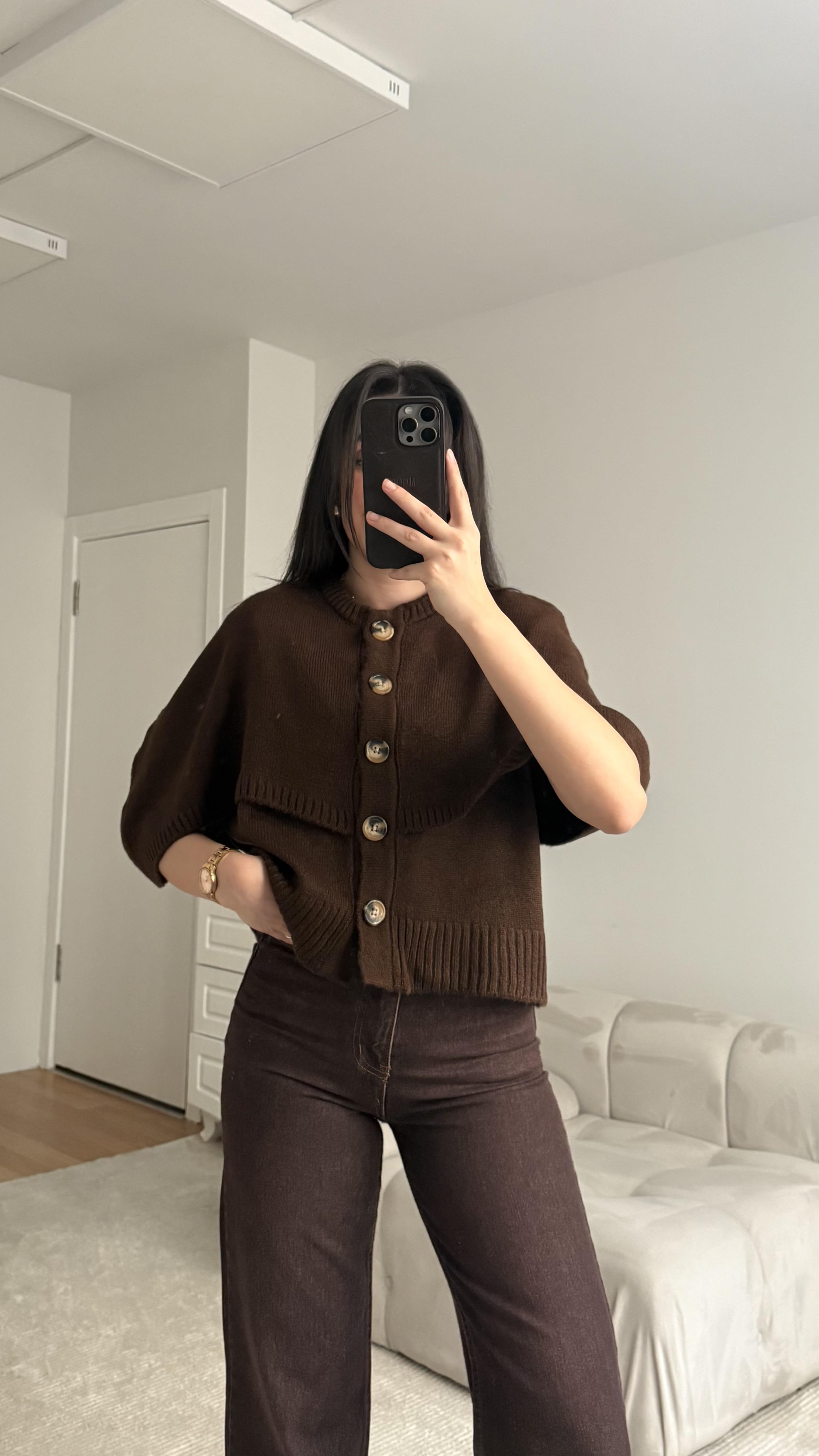 Acı Kahve Panço Detaylı Triko Hırka