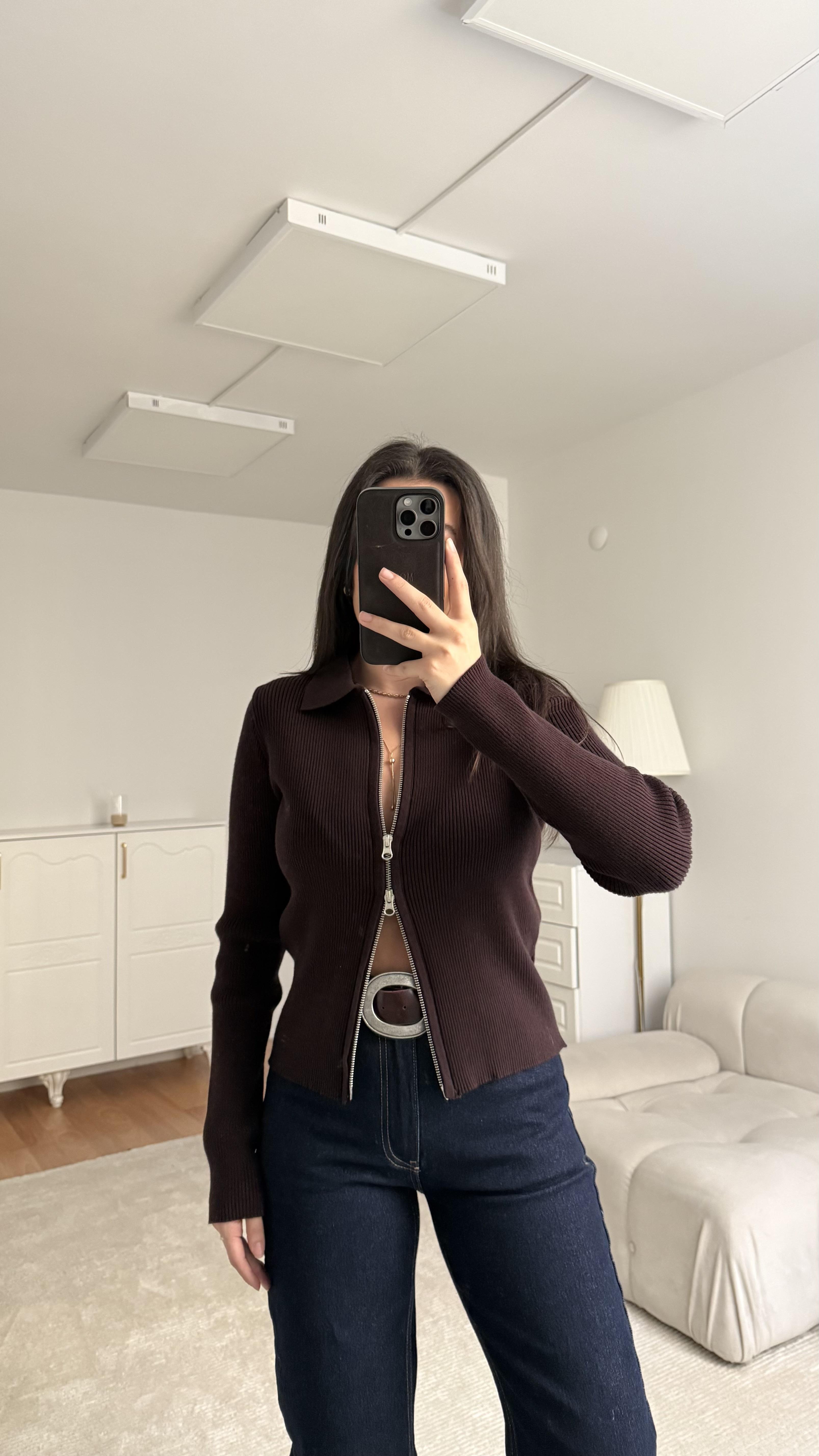 Acı Kahve Polo Yaka Çift Fermuarlı Hırka