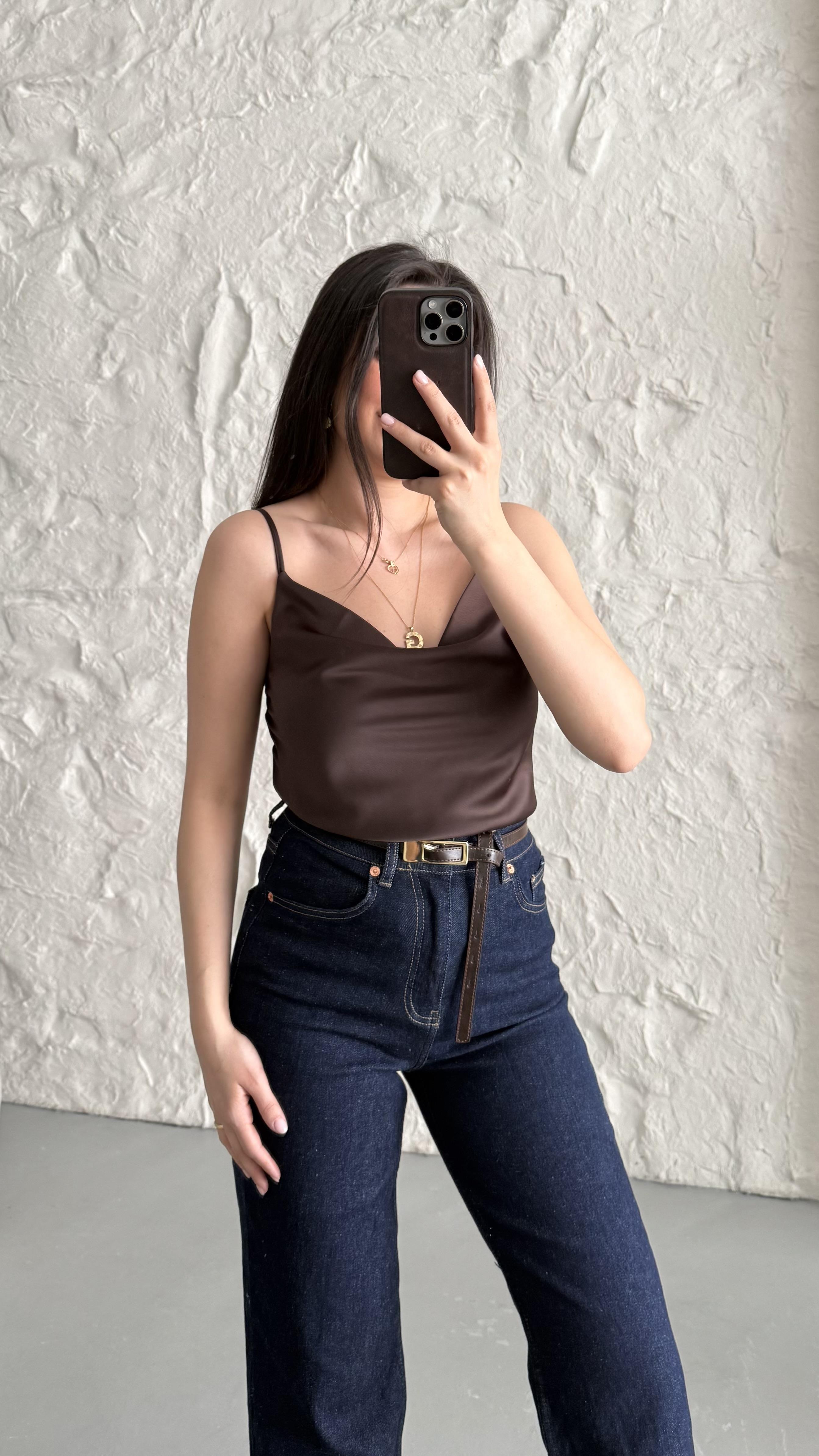 Acı Kahve Saten İp Askılı Bluz