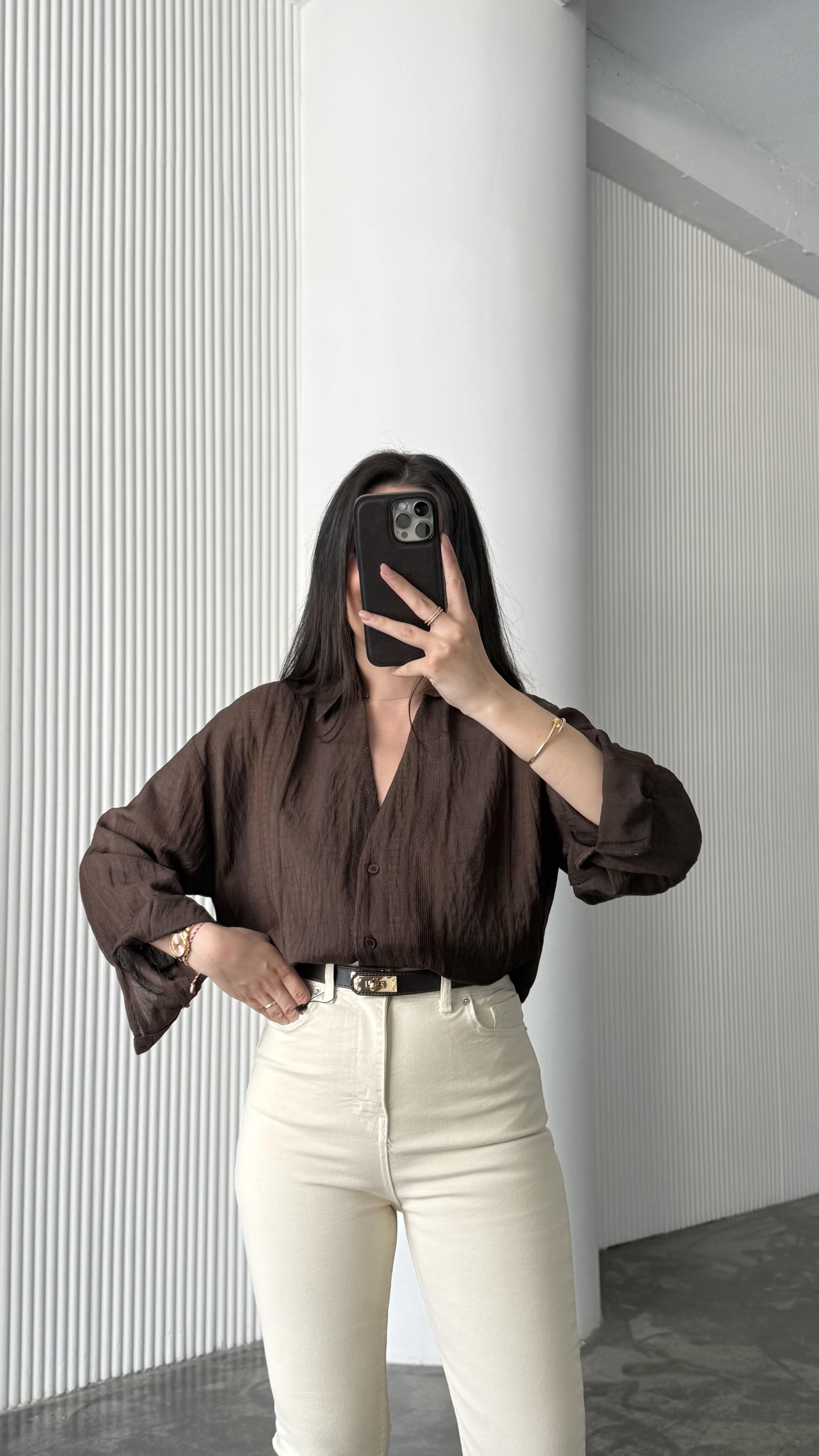 Acı Kahve V Yaka Dokulu Gömlek