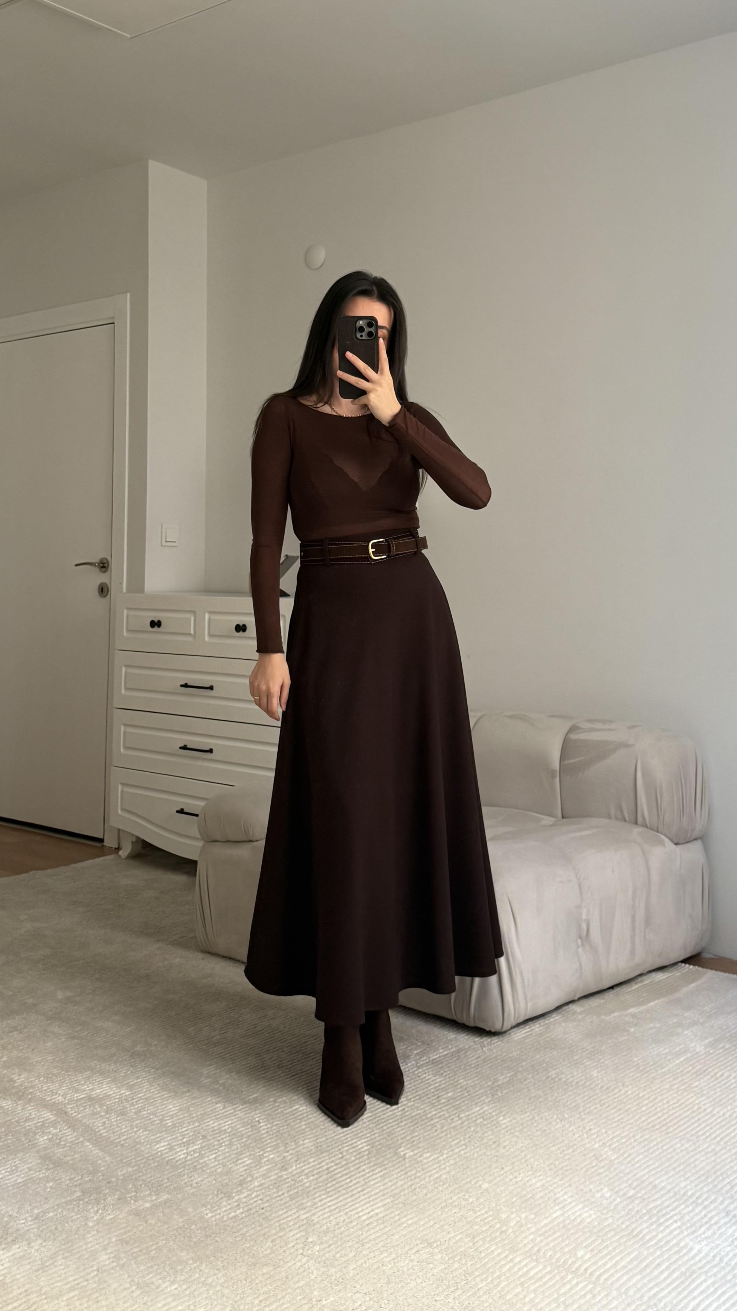 Acı Süet Kemerli A Kesim Midi Etek 