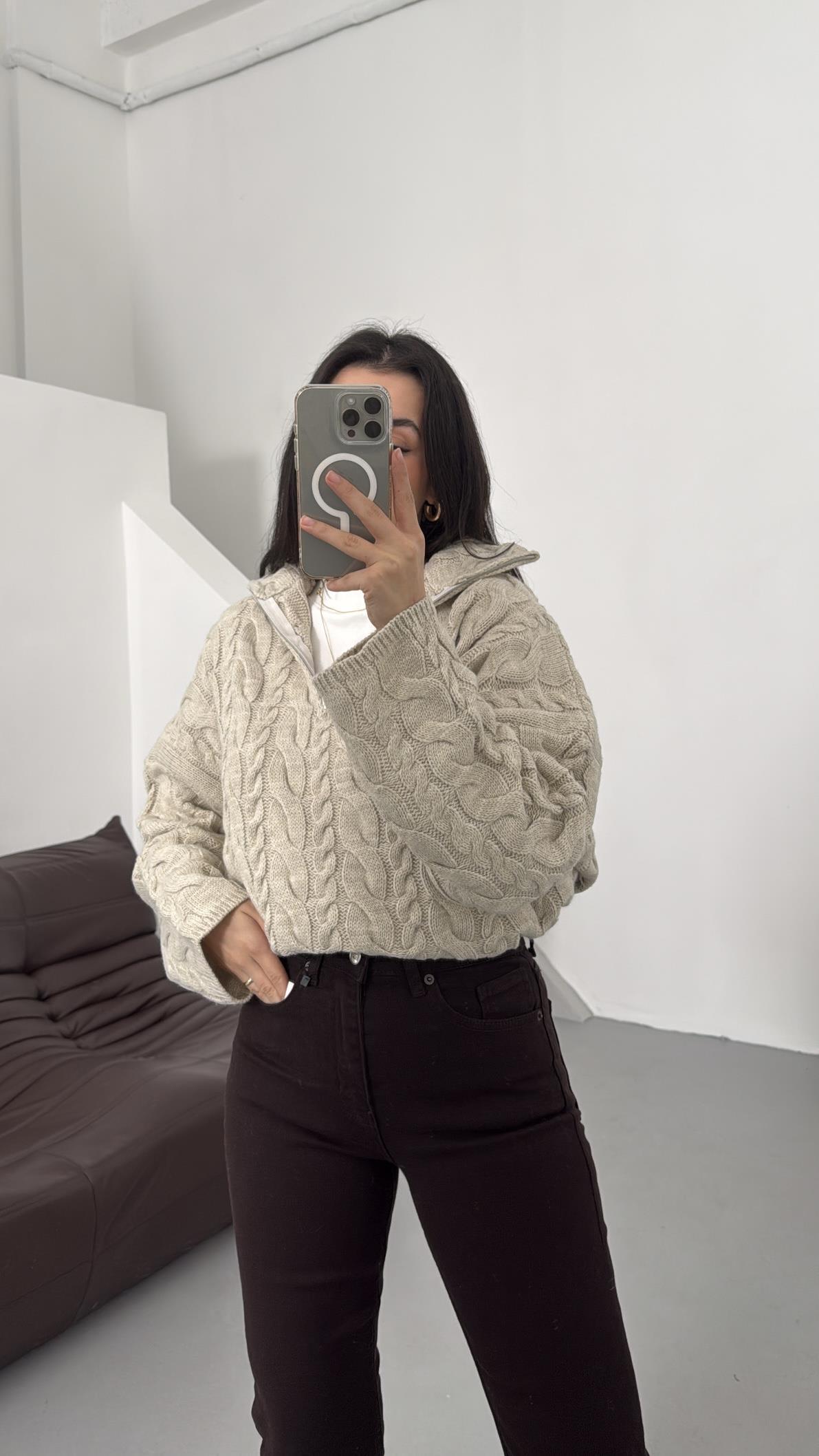 Açık Vizon Fermuarlı Saç Örme Kazak