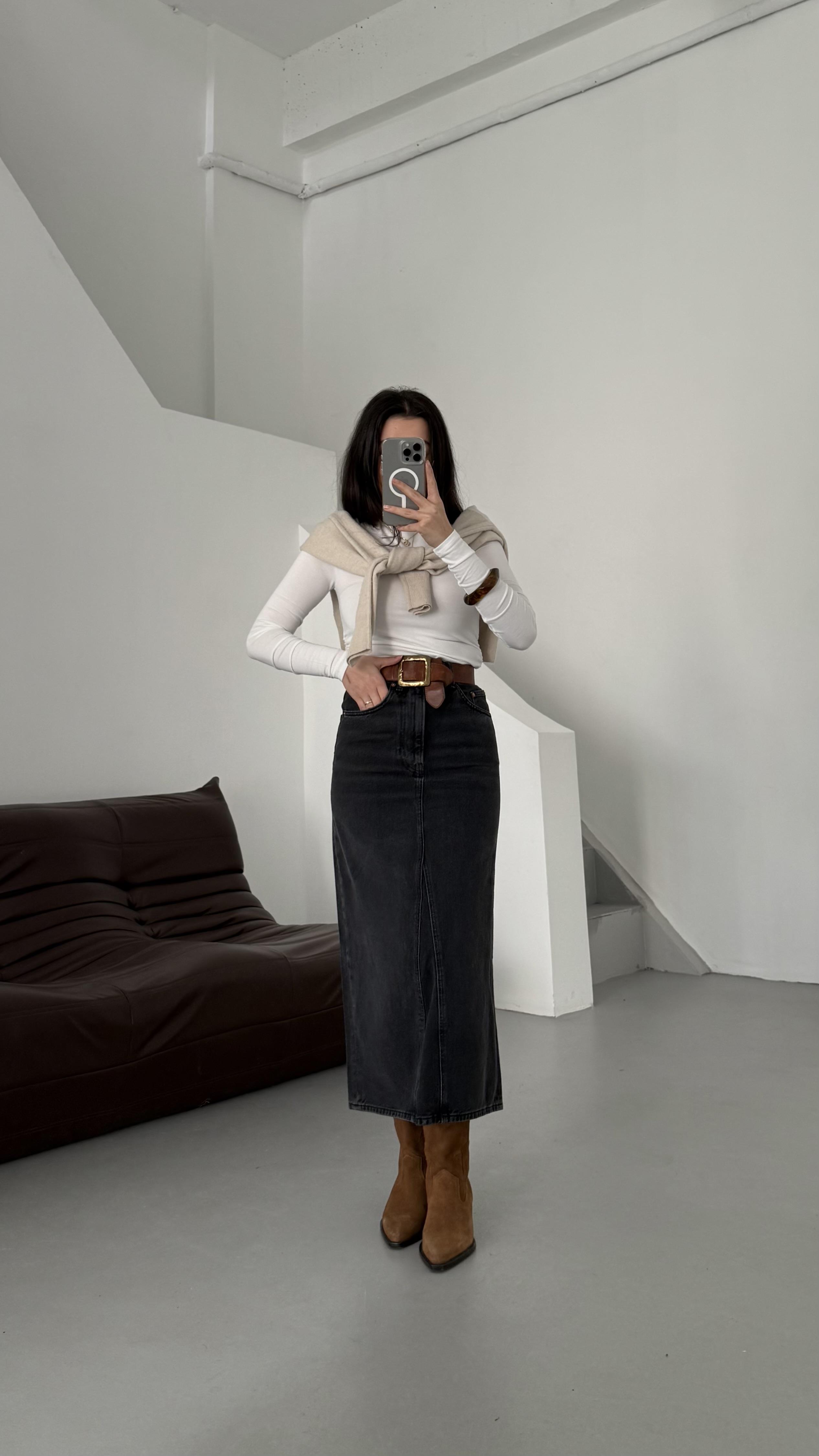 Aket Koyu Antrasit Midi Denim Etek