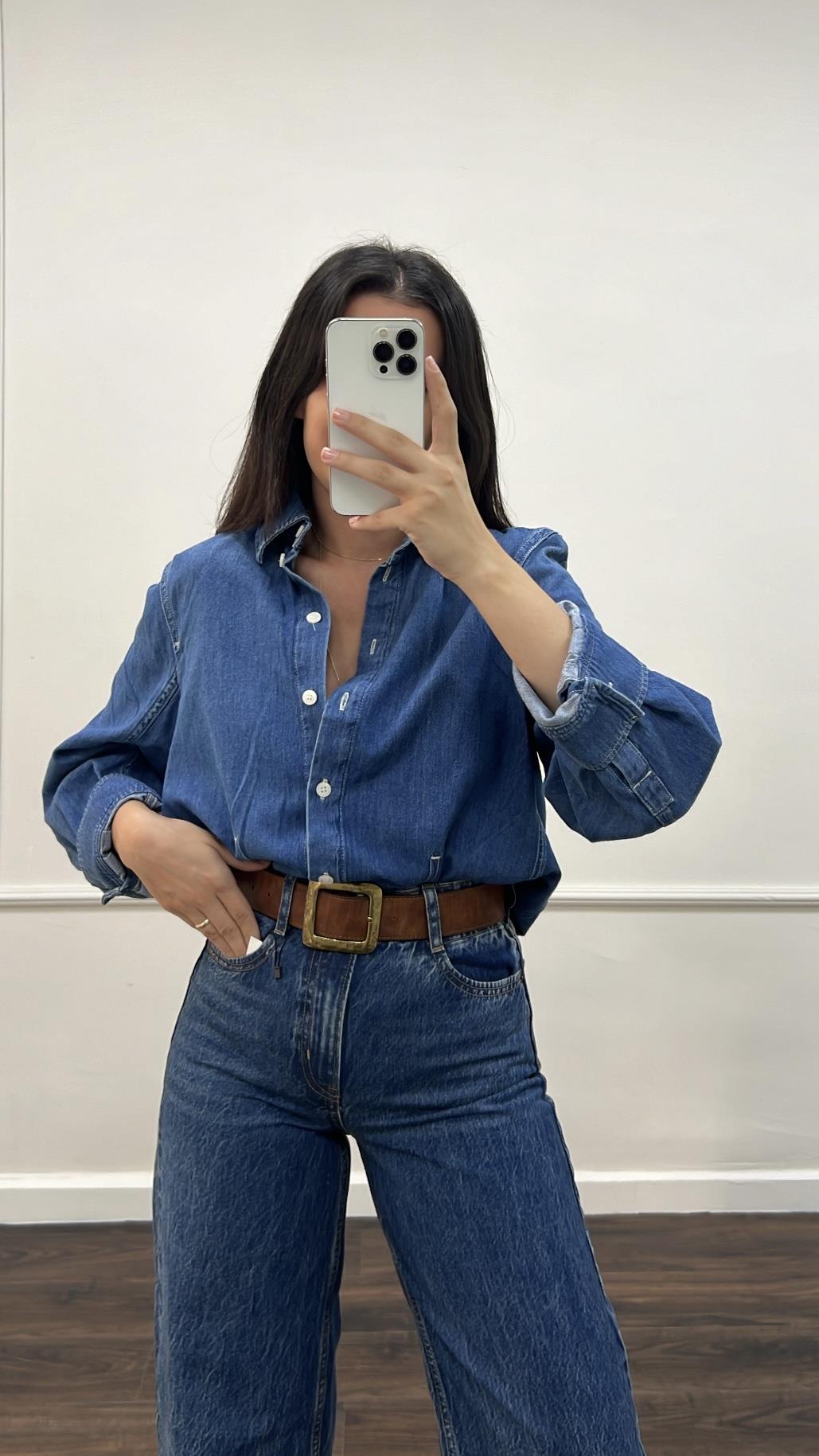 Aket Koyu Mavi Oversize Denim Gömlek