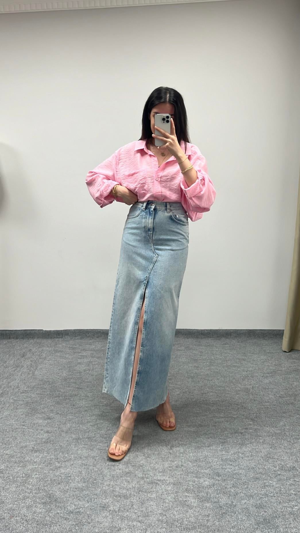 Aket Yüksek Bel Maxi Denim Etek