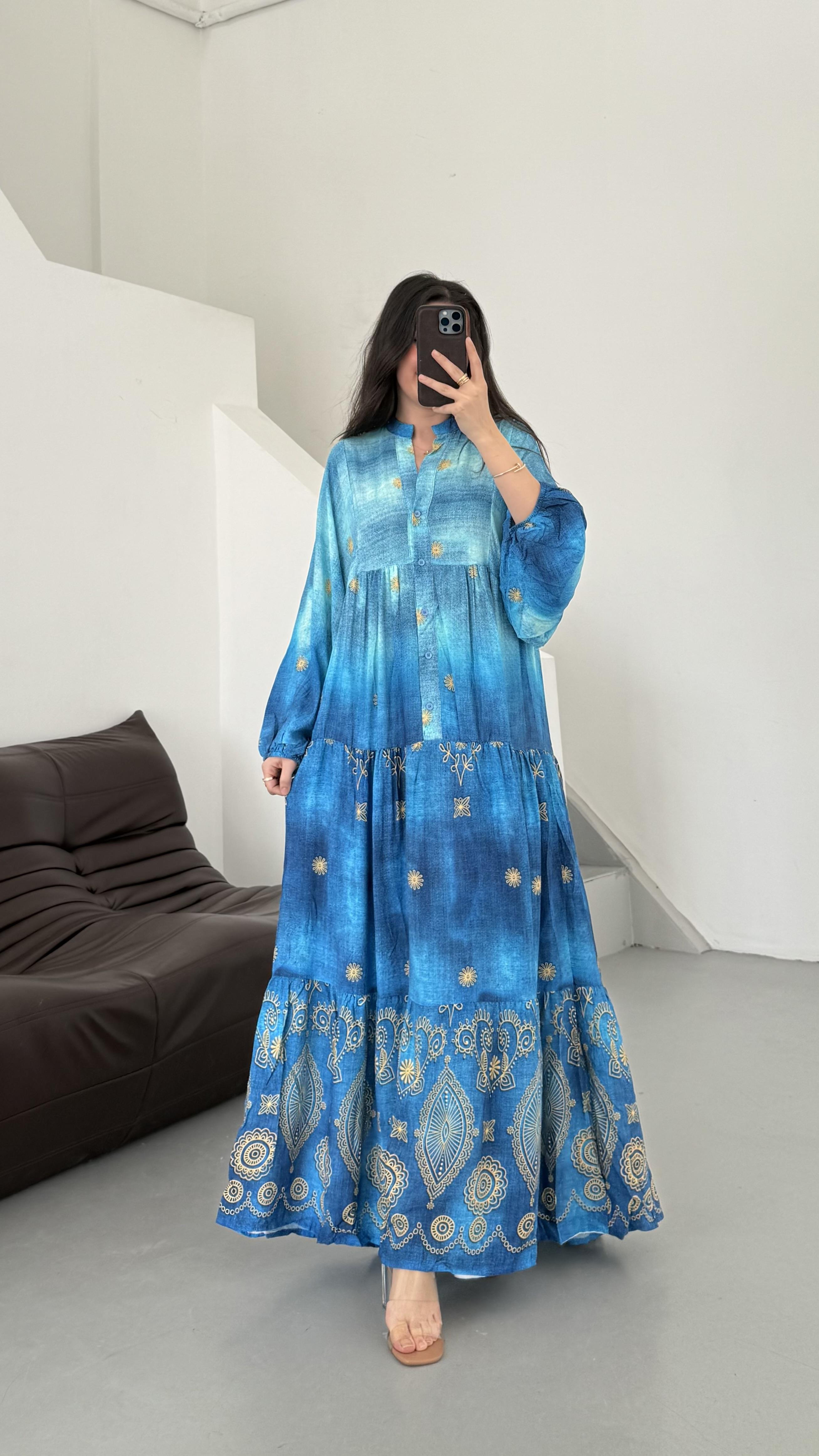 Alia Mavi Geçişli Viskon Maxi Elbise