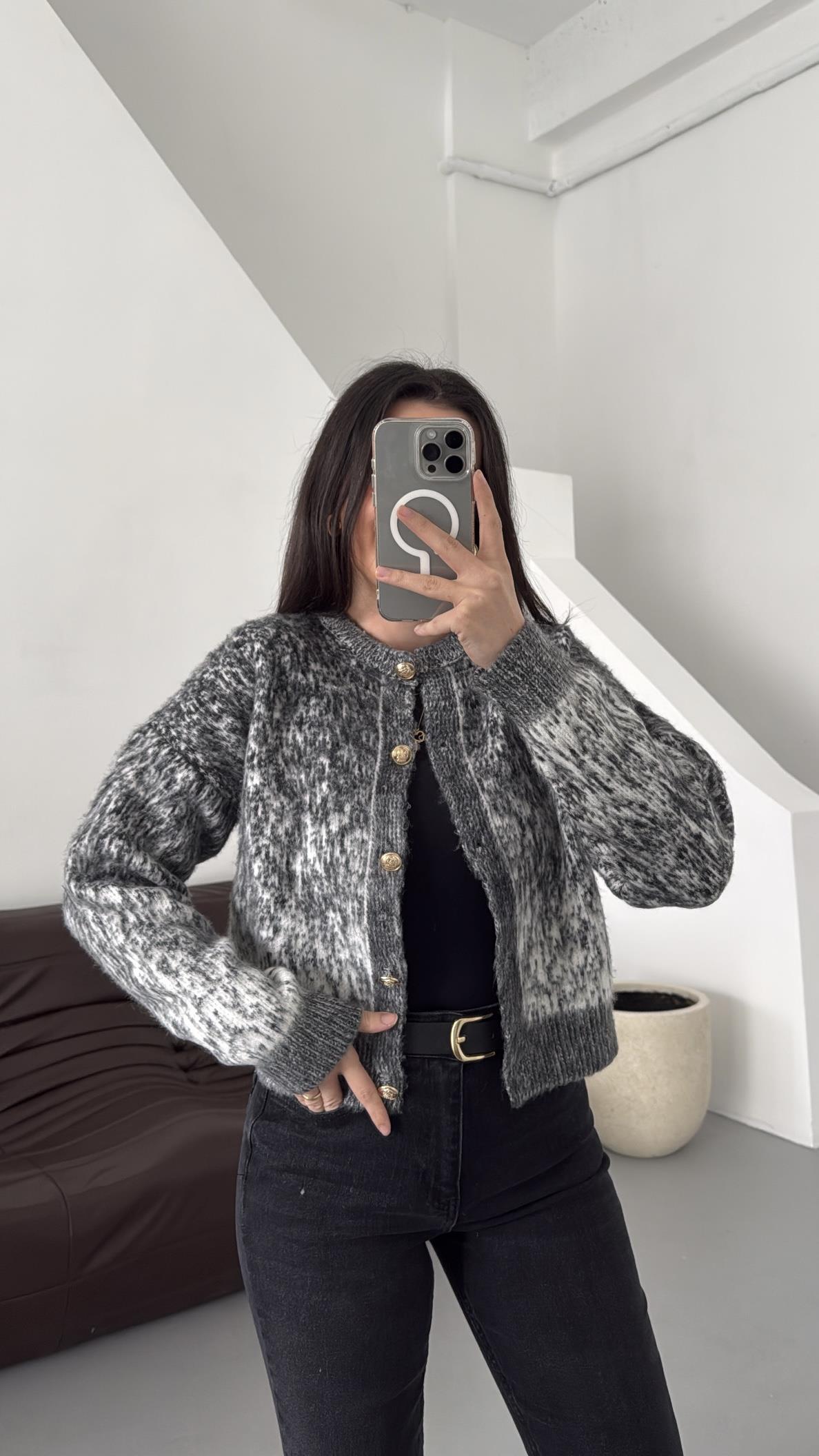 Antrasit Batik Desen Sakallı Şarbonlu Hırka 