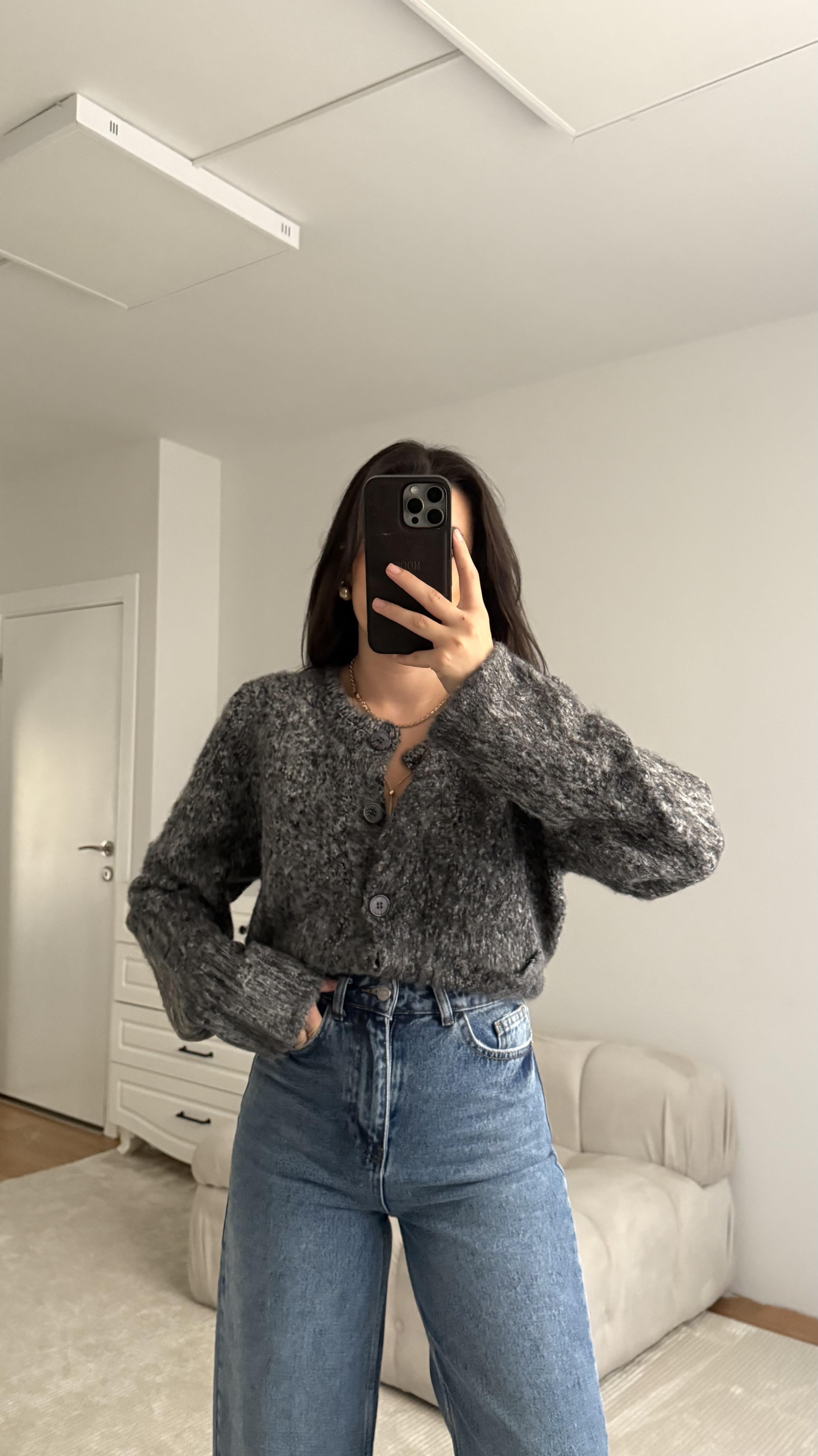 Antrasit Bisiklet Yaka Cepli Hırka