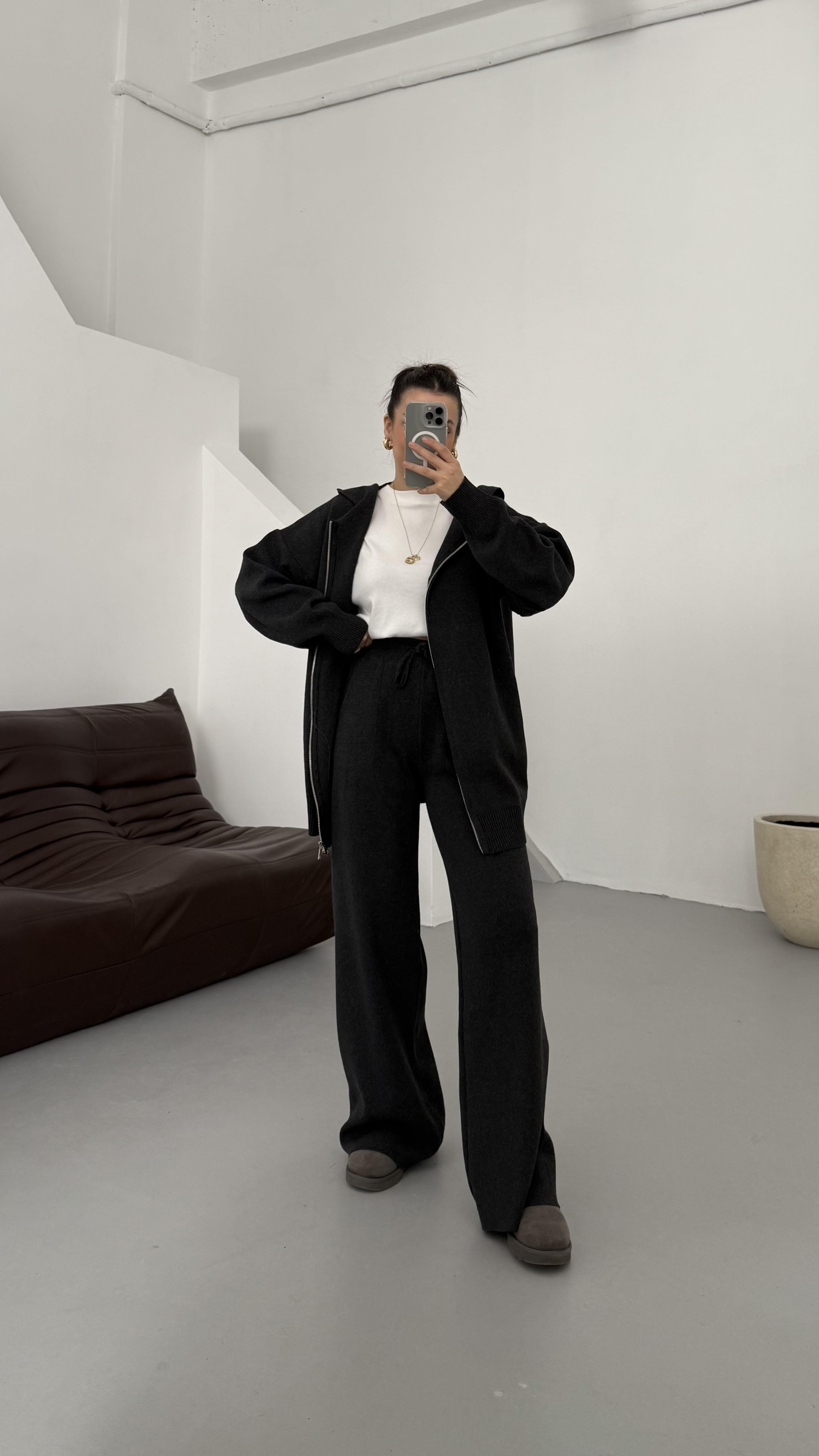 Antrasit Çift Fermuar Çelik Örme Takım