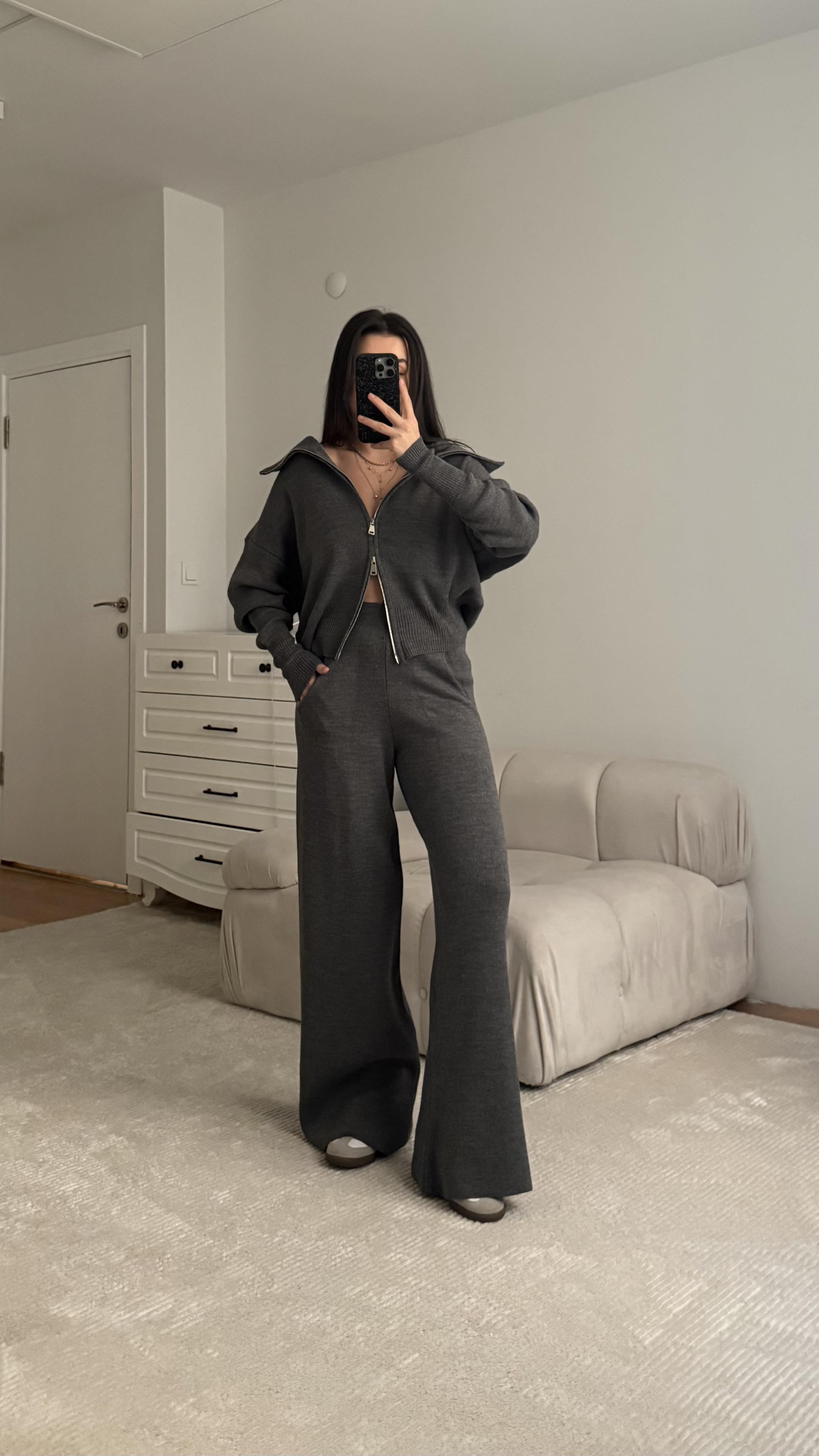 Antrasit Çift Fermuarlı Triko Takım