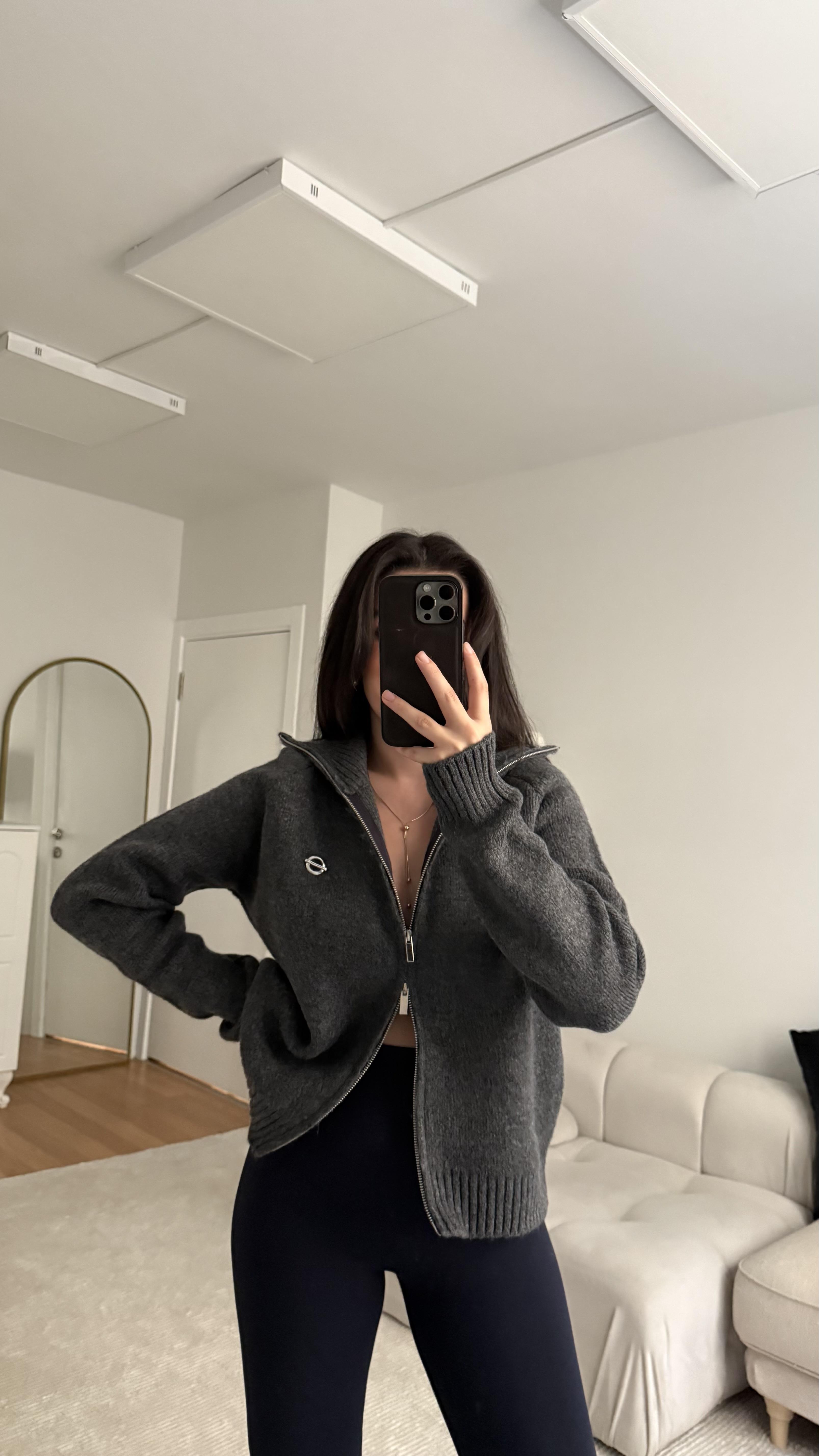 Antrasit Dik Yaka Çift Fermuarlı Ceket Hırka