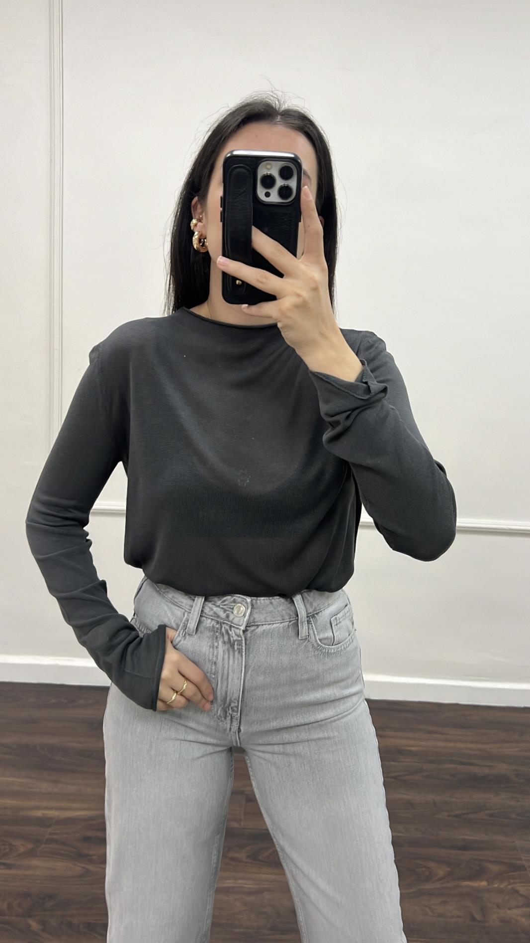 Antrasit Dik Yaka Transparan Bluz