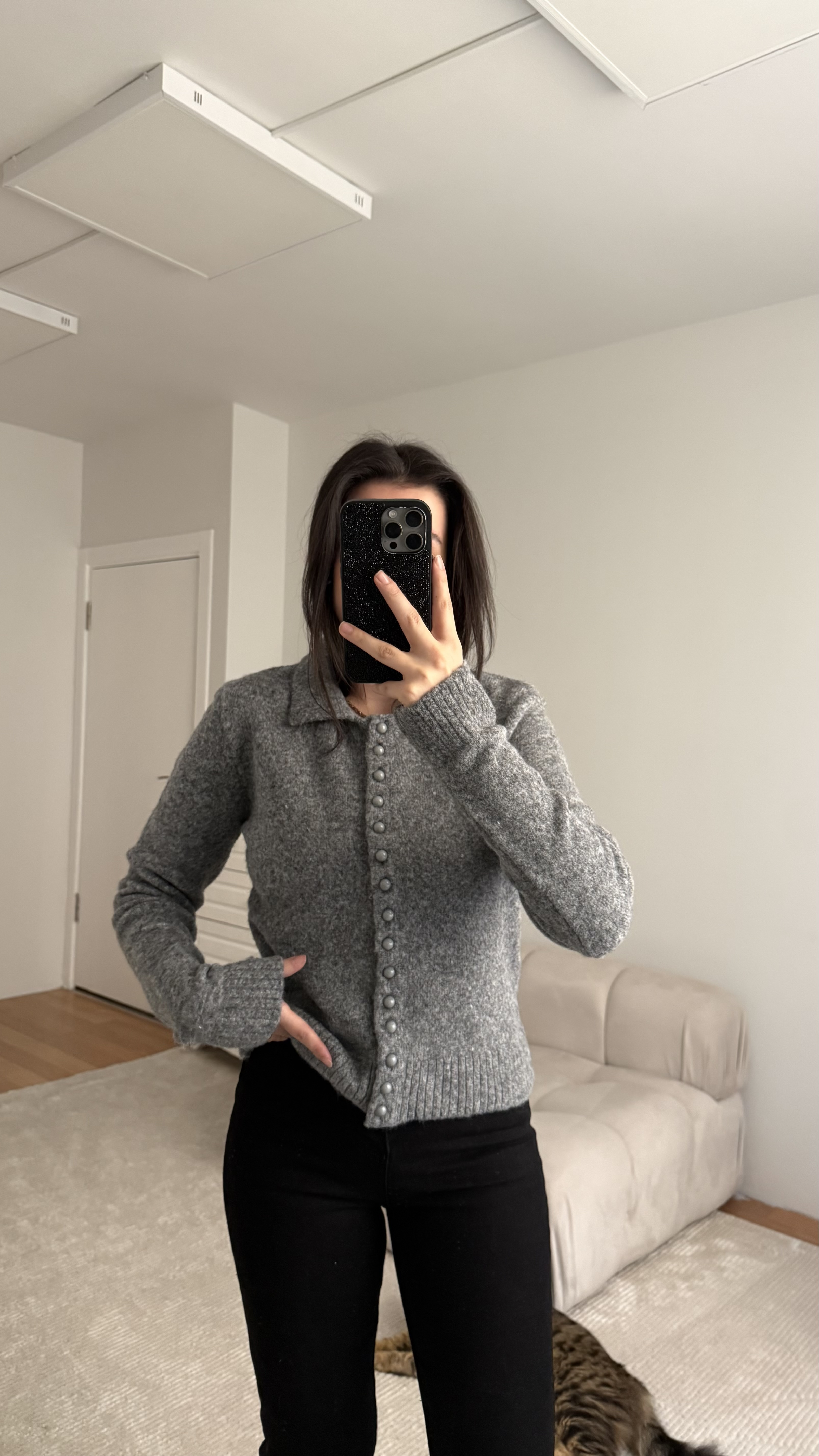 Antrasit Düğmeli Polo Yaka Triko Hırka