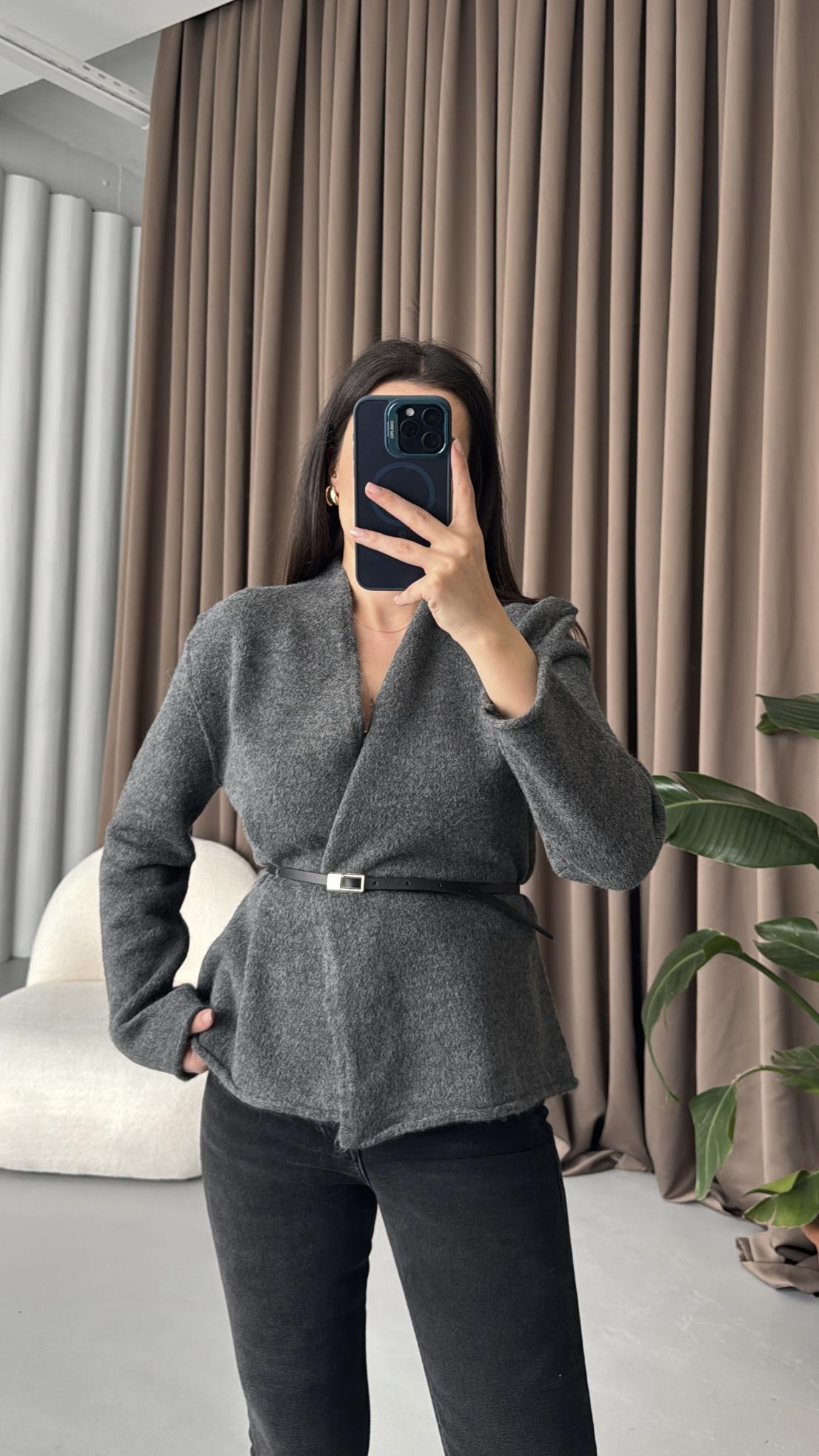 Antrasit Kemerli Triko Ceket