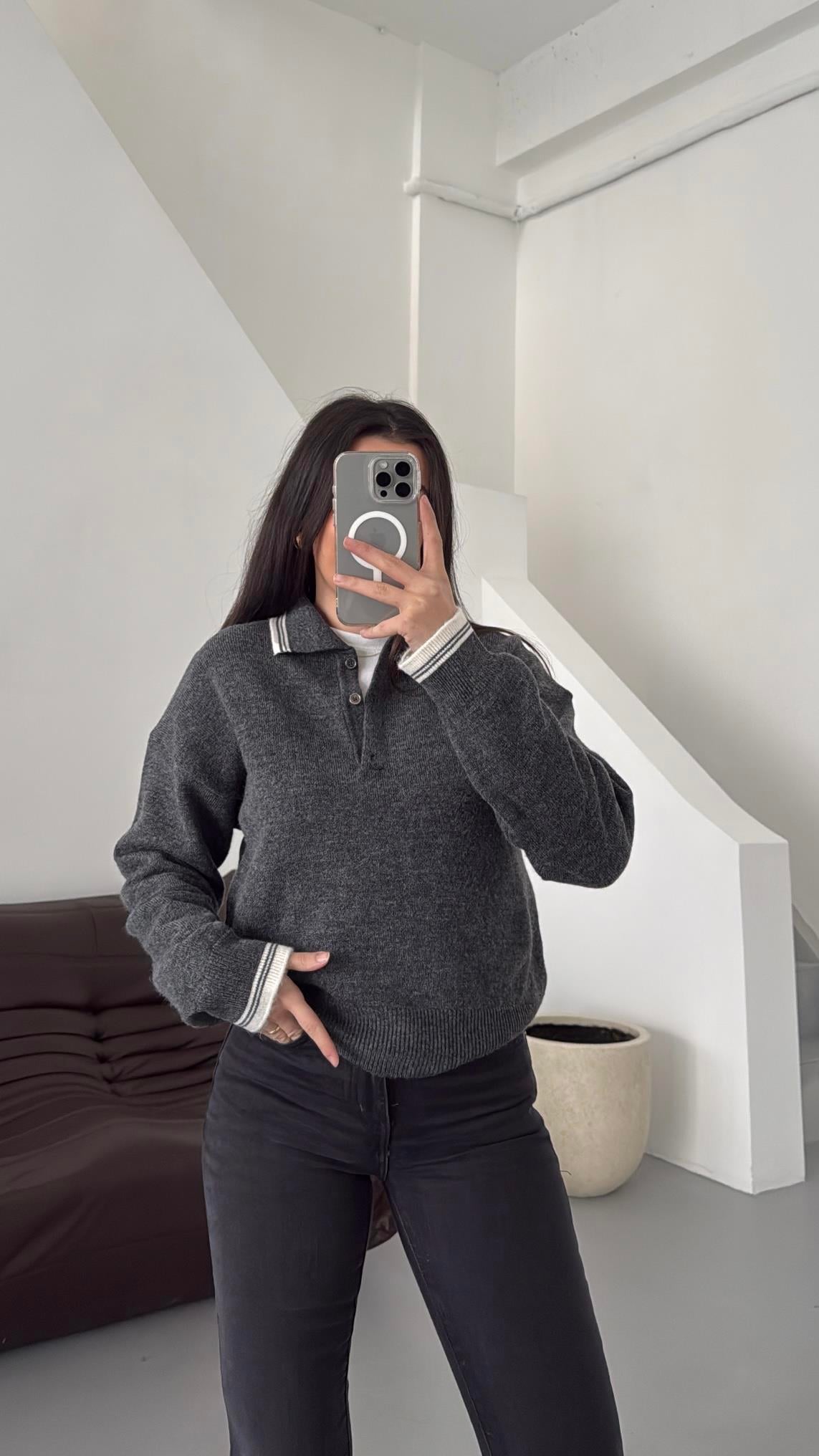 Antrasit-Krem Çizgi Detaylı Polo Yaka Triko