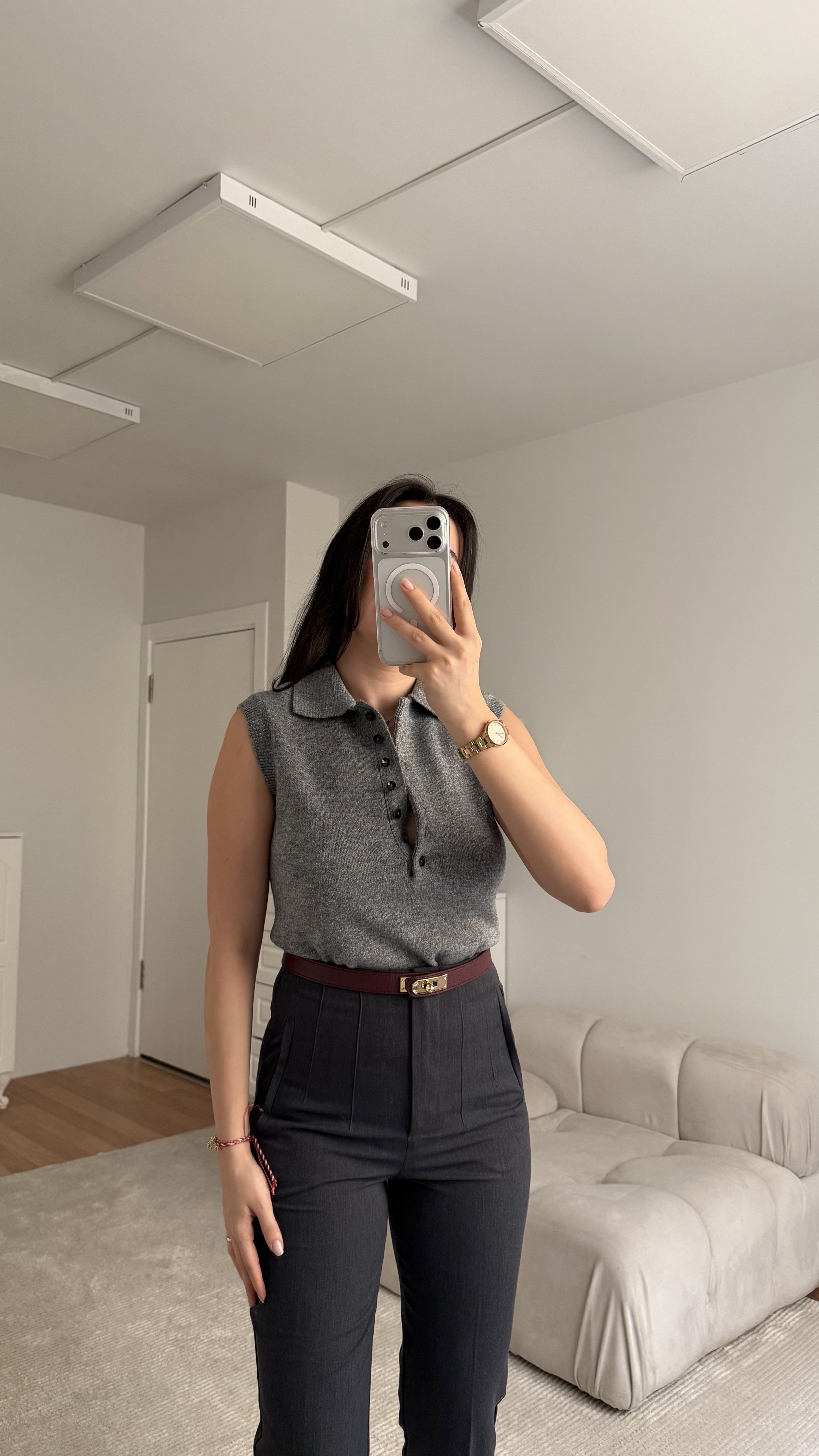 Antrasit Polo Yaka Düğmeli Kolsuz Triko 