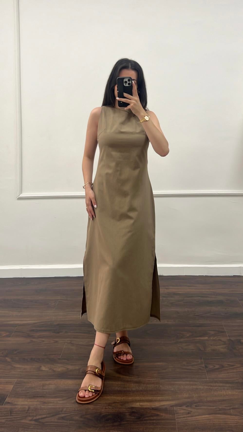 Ays Kahve Ham Keten Midi Etek