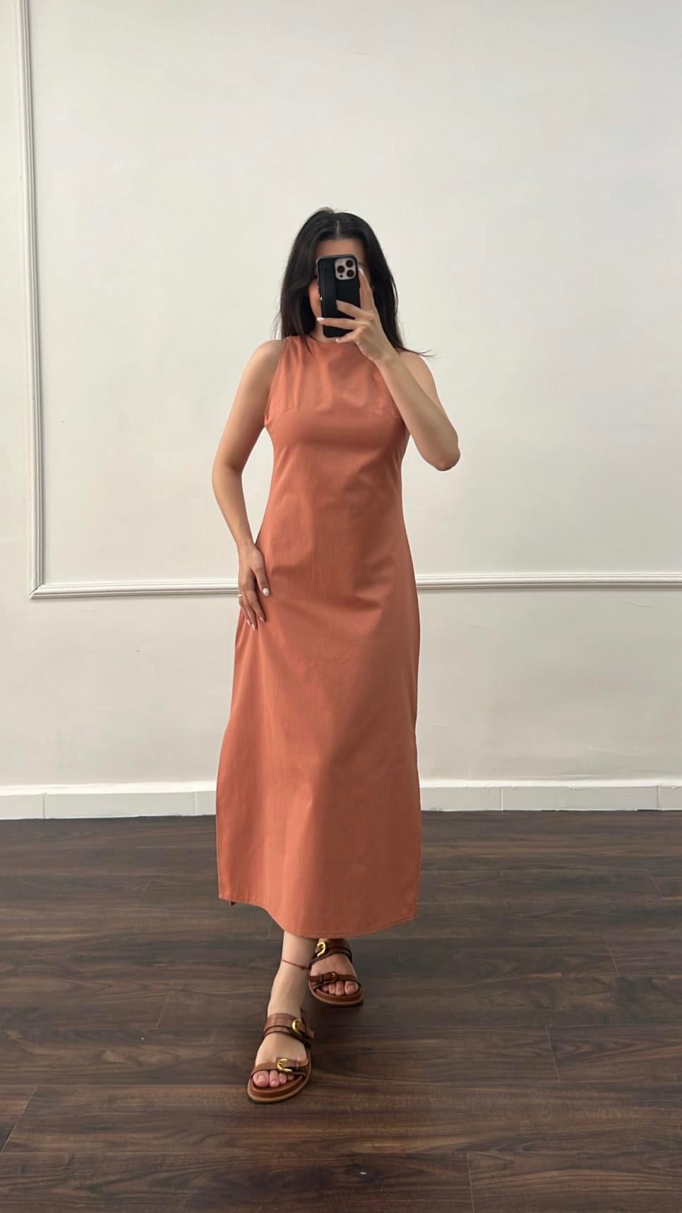 Ays Kiremit2 Ham Keten Midi Elbise