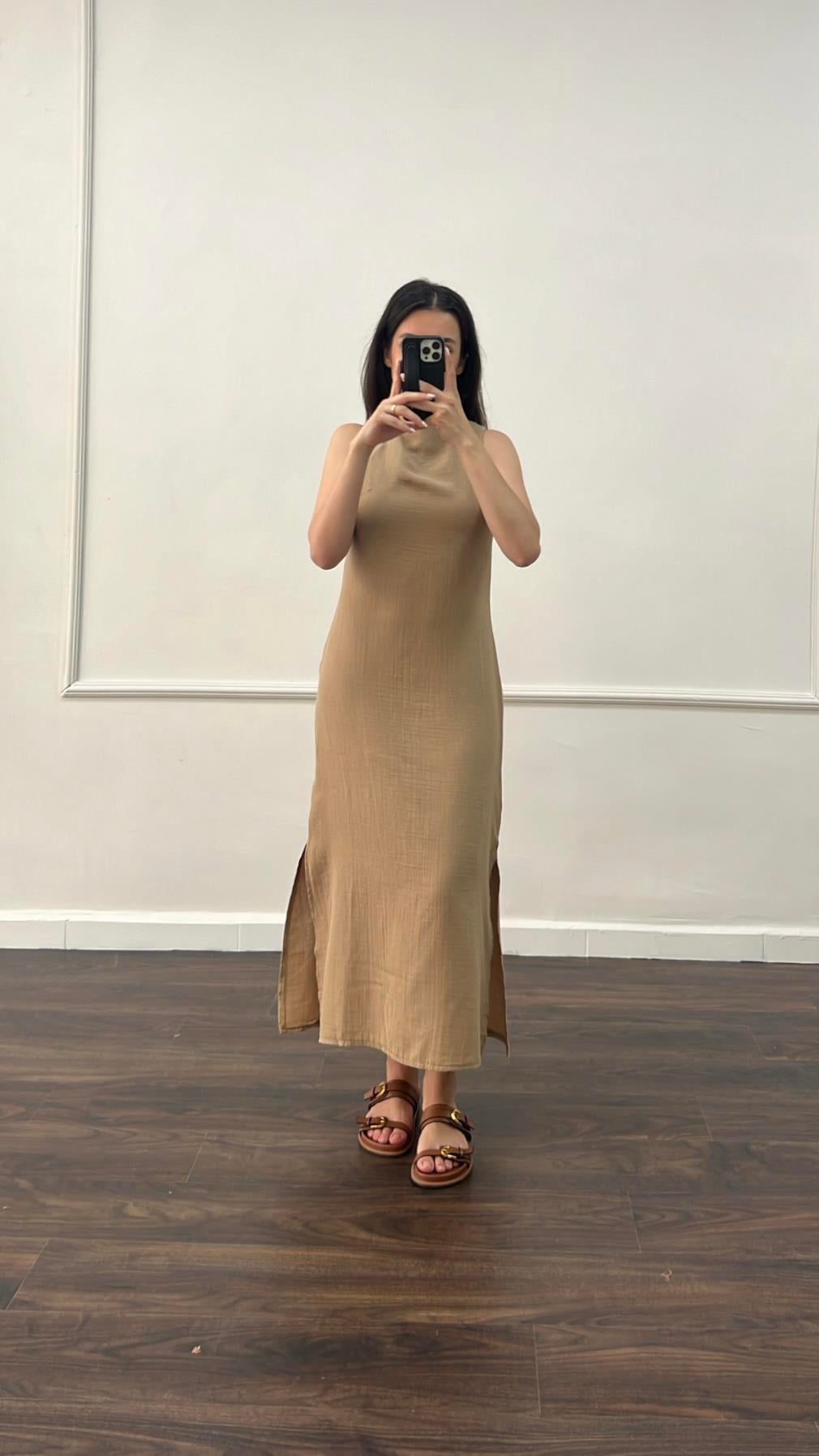 Ays Krem Müslin/Keten Midi Elbise