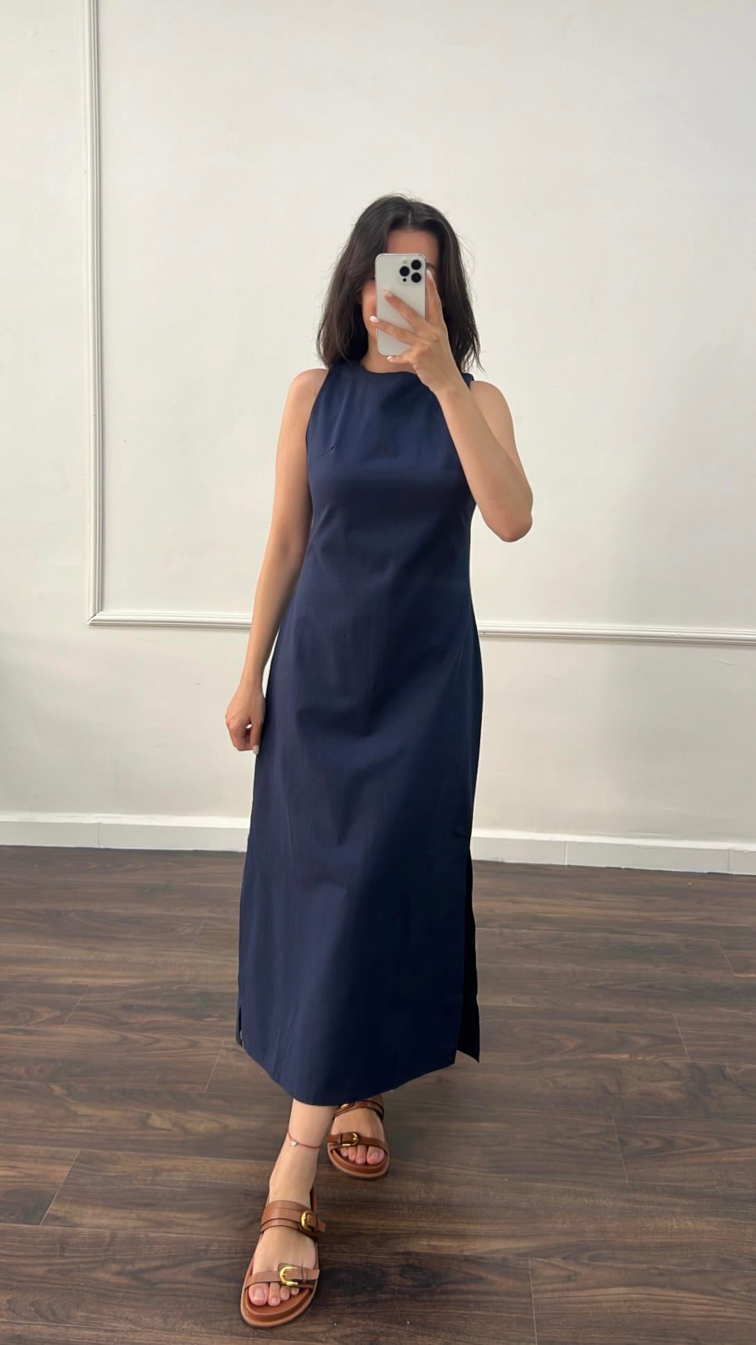 Ays Laci Ham Keten Midi Elbise