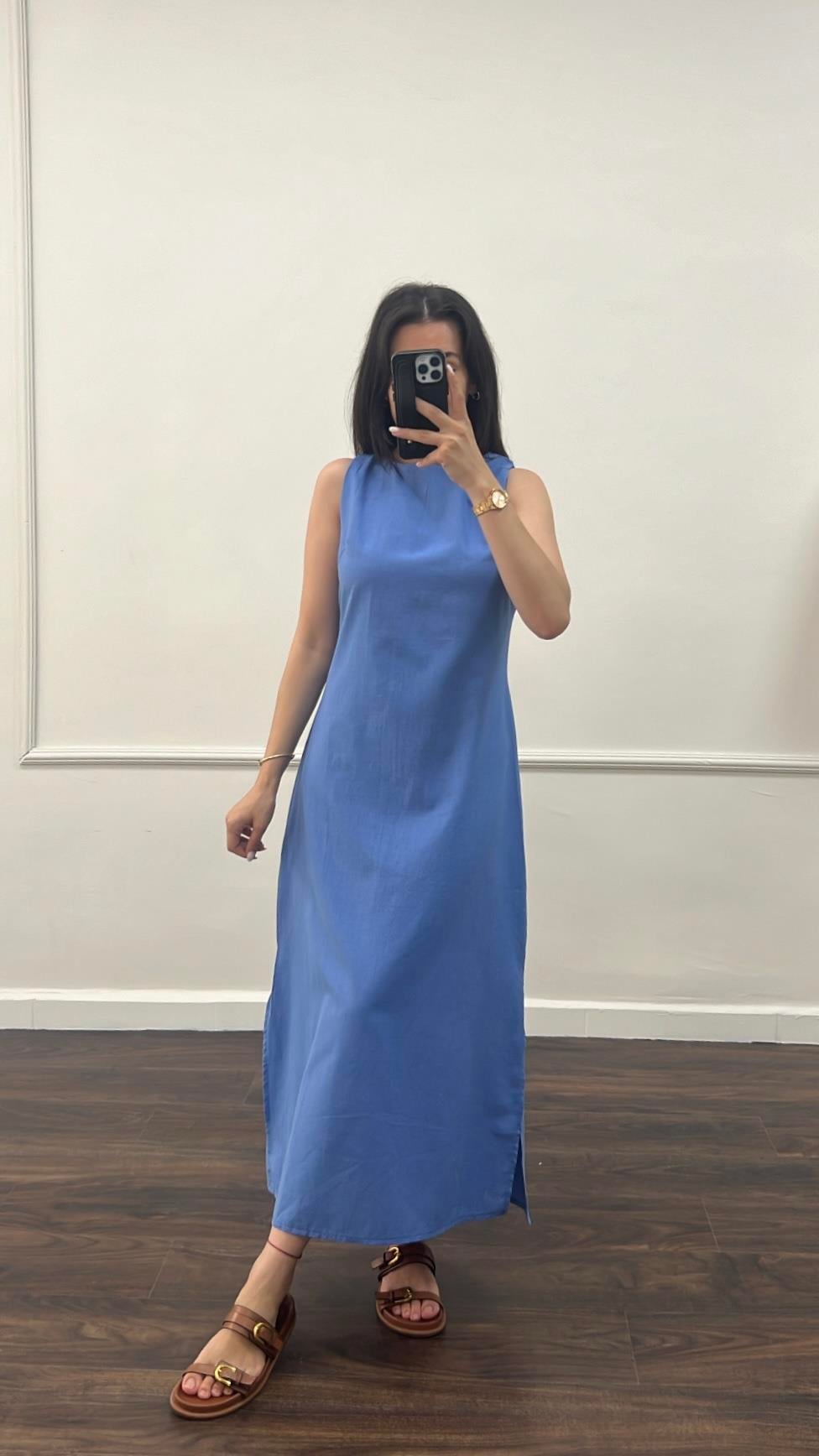 Ays Mavi Ham Keten Midi Etek