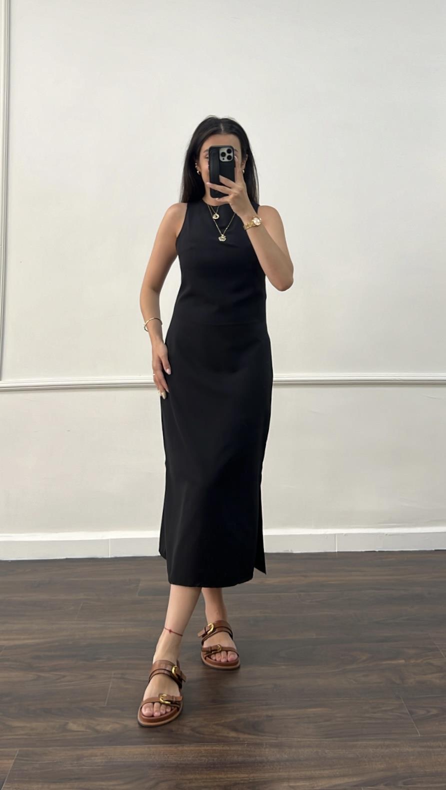 Ays Siyah Ham Keten Midi Elbise