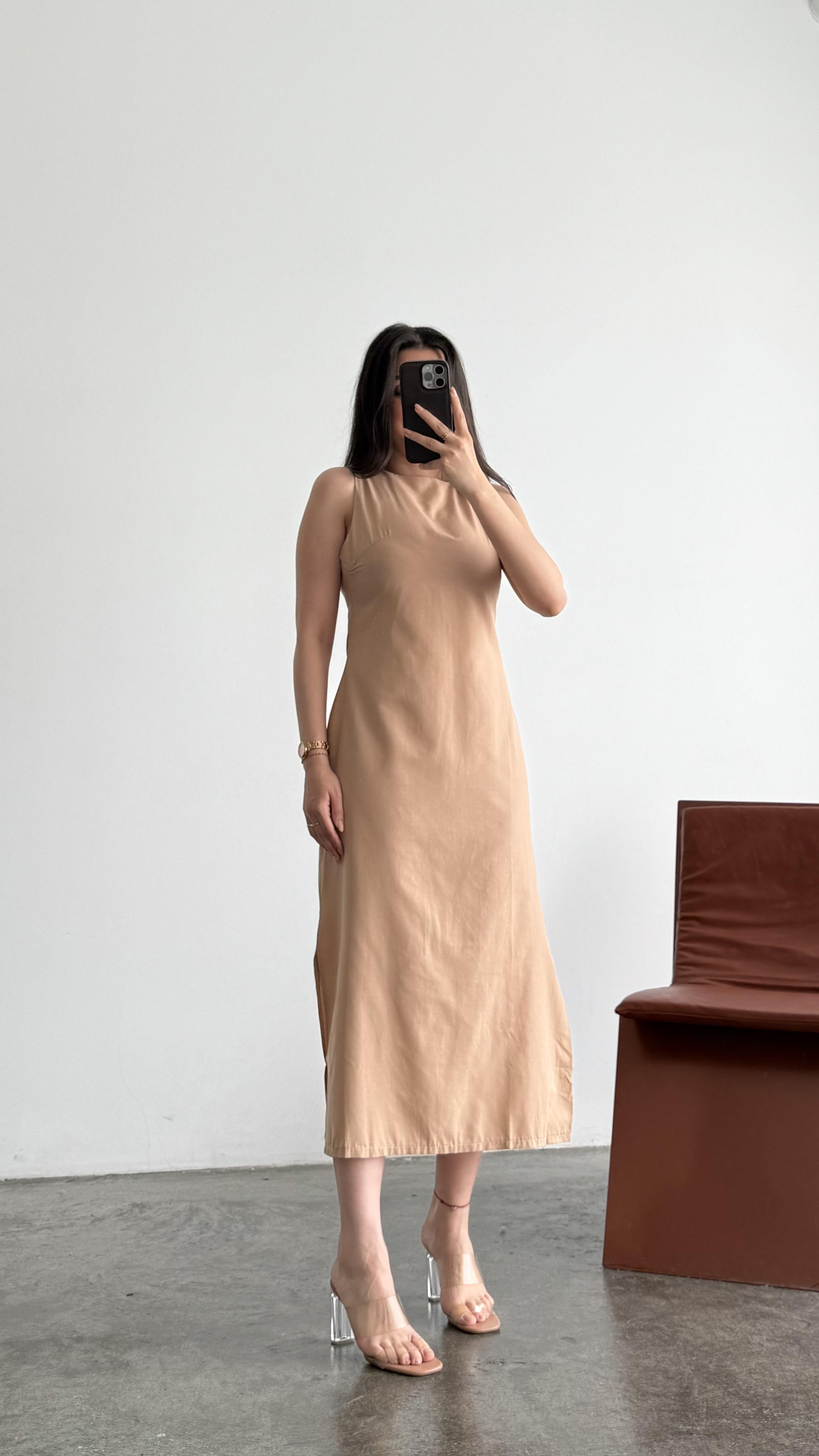 Ays Taş Ham Keten Midi Elbise