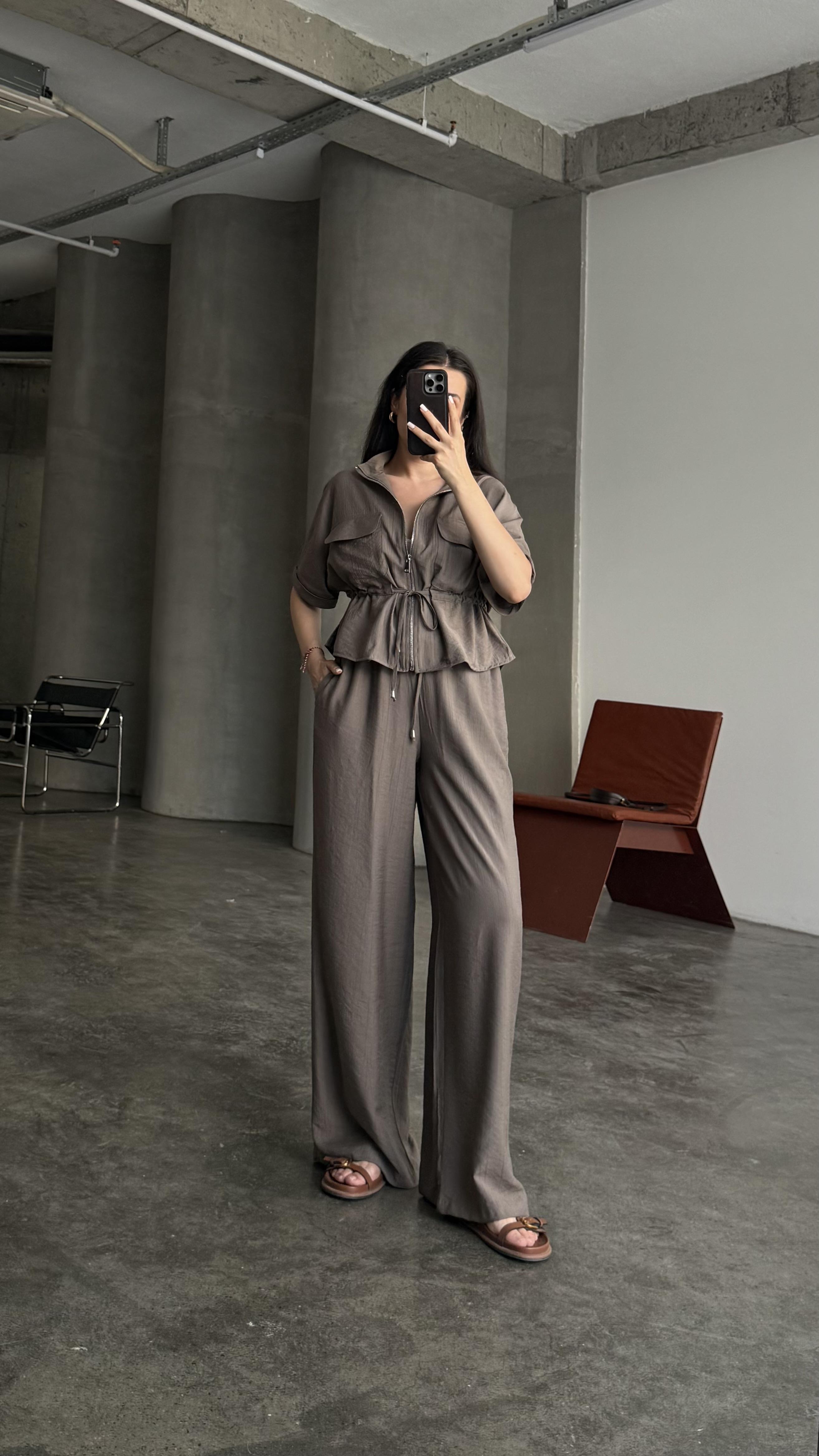 Bağlama Detaylı Vizon Ceket Pantalon Takım