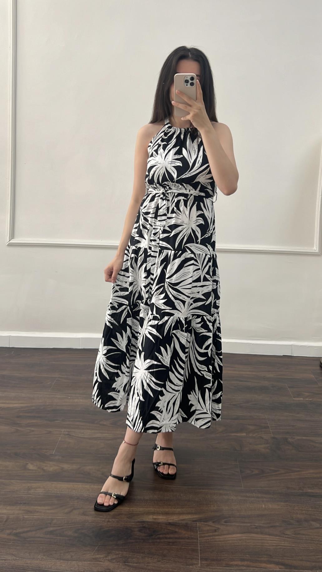 Bali Siyah Çiçekli Midi Elbise