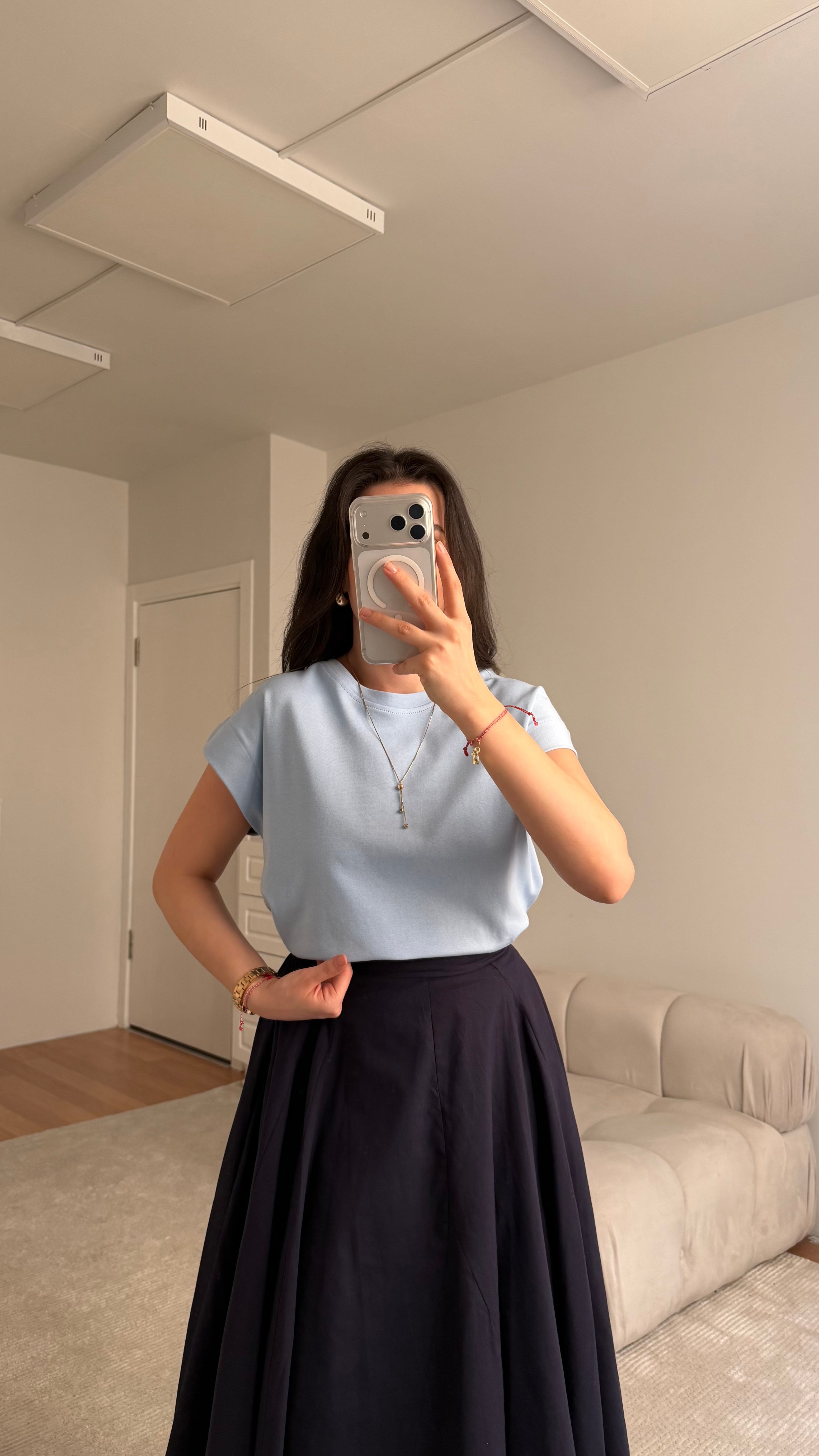 Bebek Mavi Düşük Kol Bisiklet Yaka Tişört 