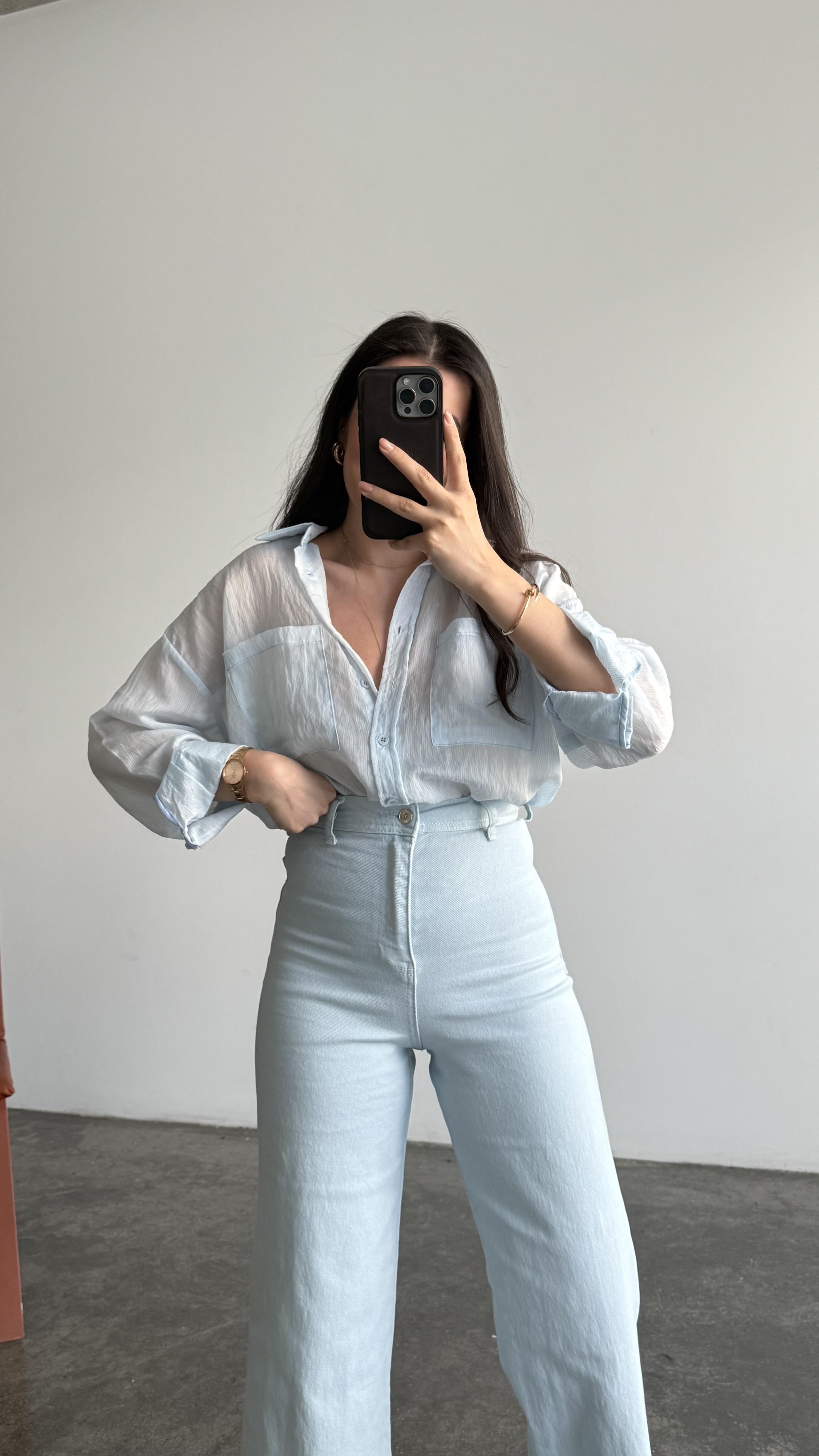 Bebek Mavi Transparan Oversize Gömlek