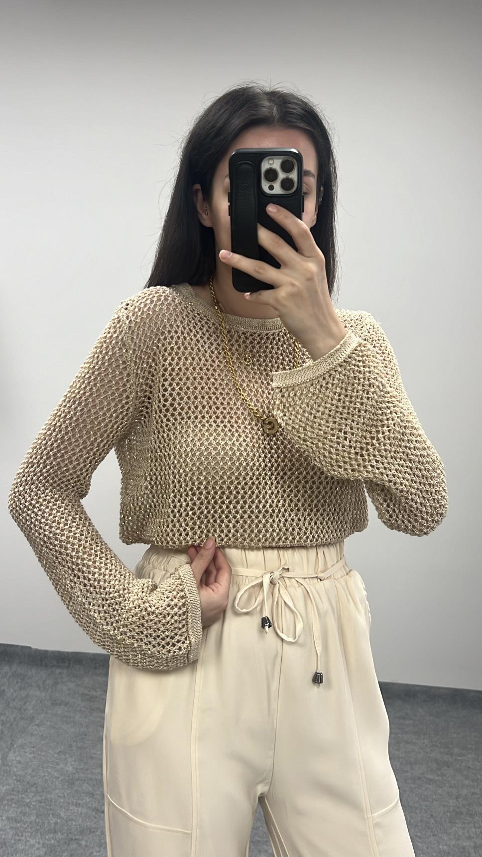 Bej  Ajurlu Simli Triko